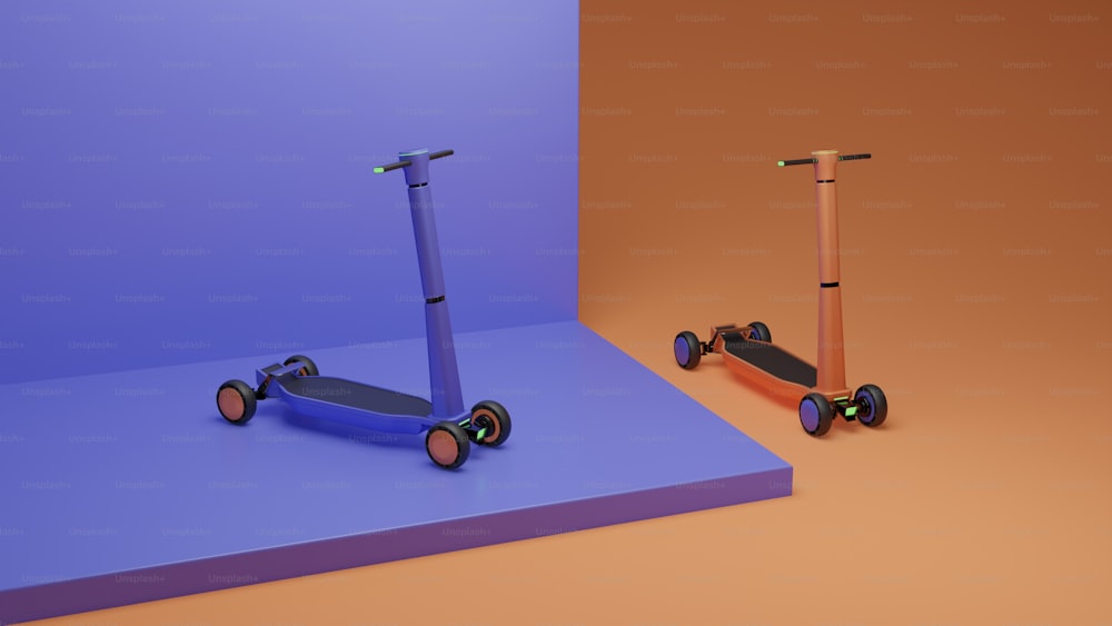 a blue scooter next to a purple scooter