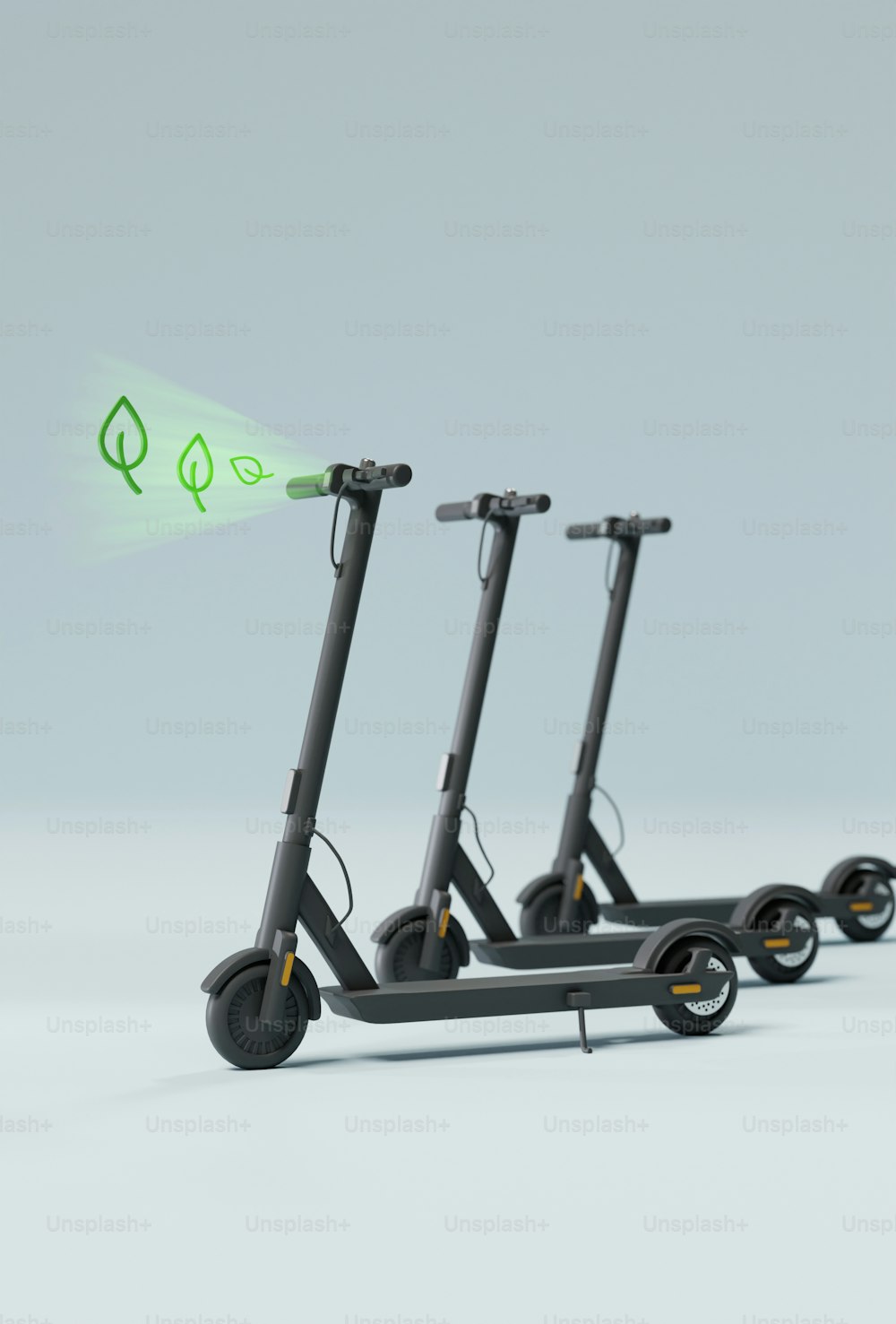 three electric scooters with a green light coming out of them