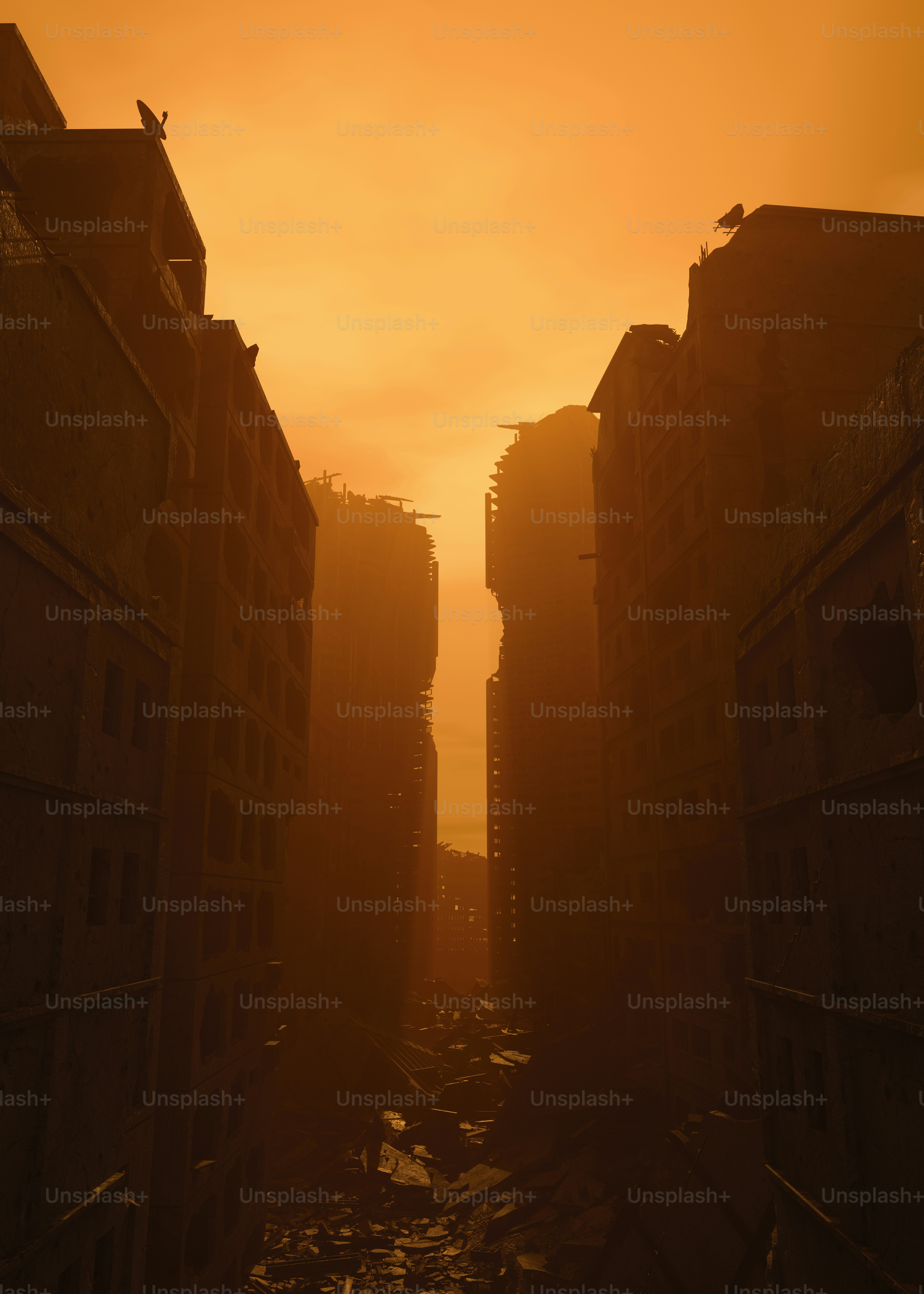 the sun is setting over a city with tall buildings