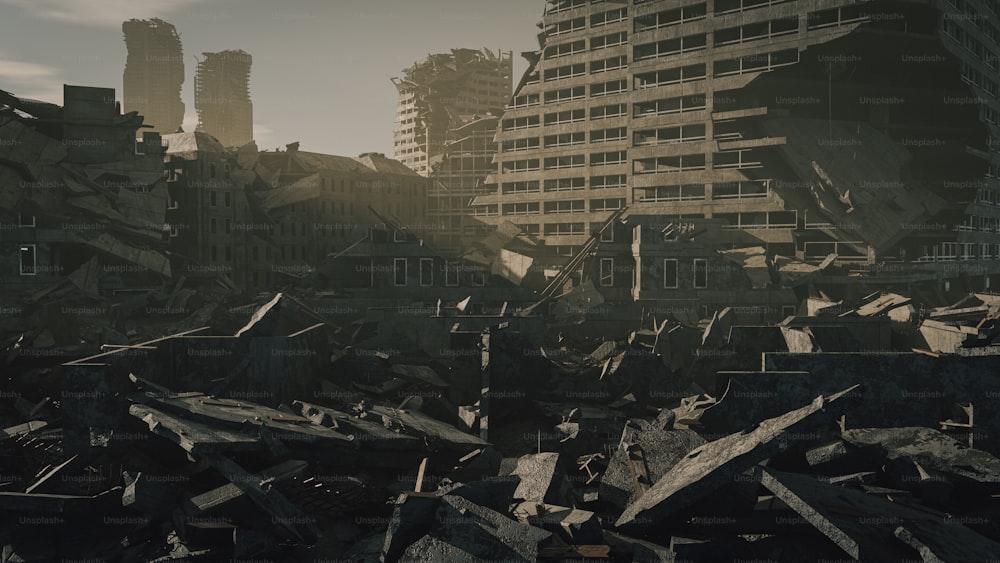 a large pile of rubble next to a tall building