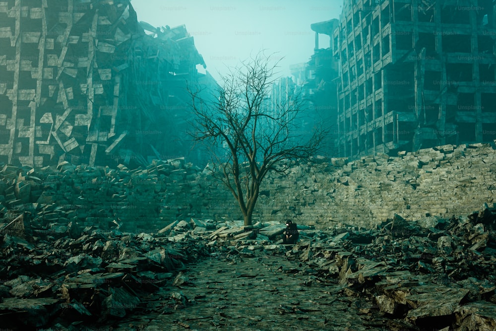a lone tree stands in the midst of a destroyed city