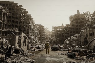 um homem parado no meio de uma cidade destruída