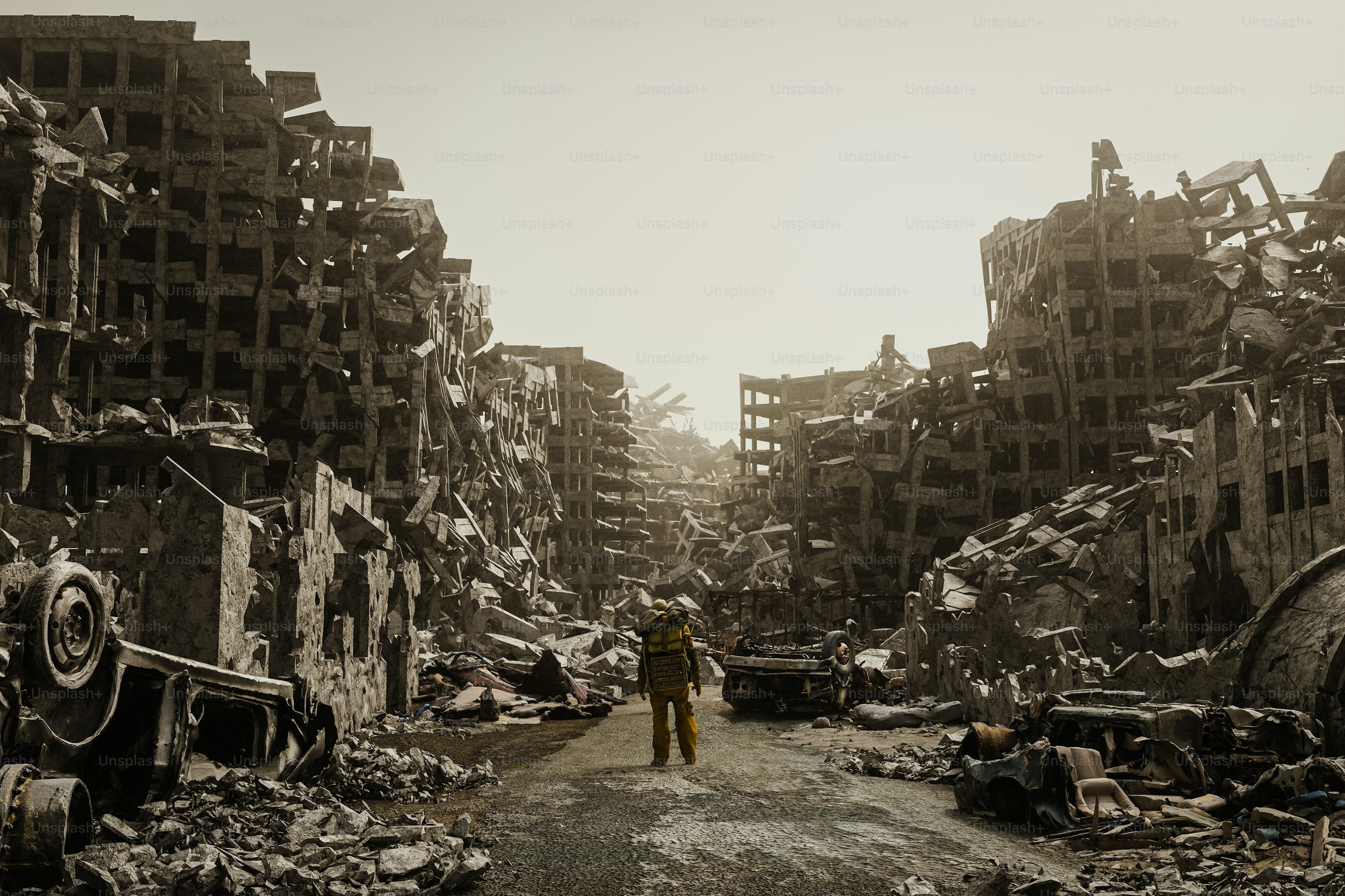 a man standing in the middle of a destroyed city