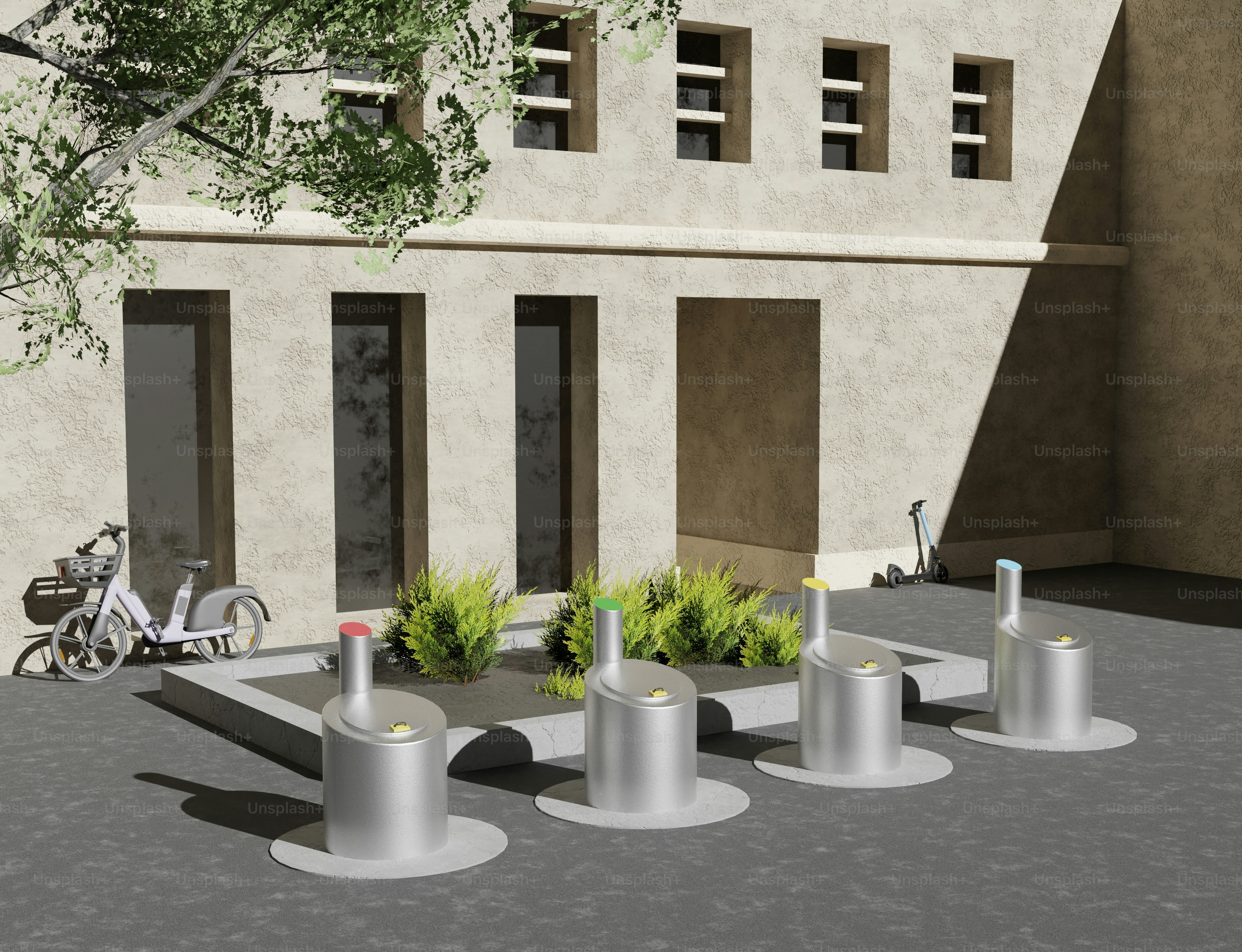自転車が前に停まっている建物の3Dレンダリング