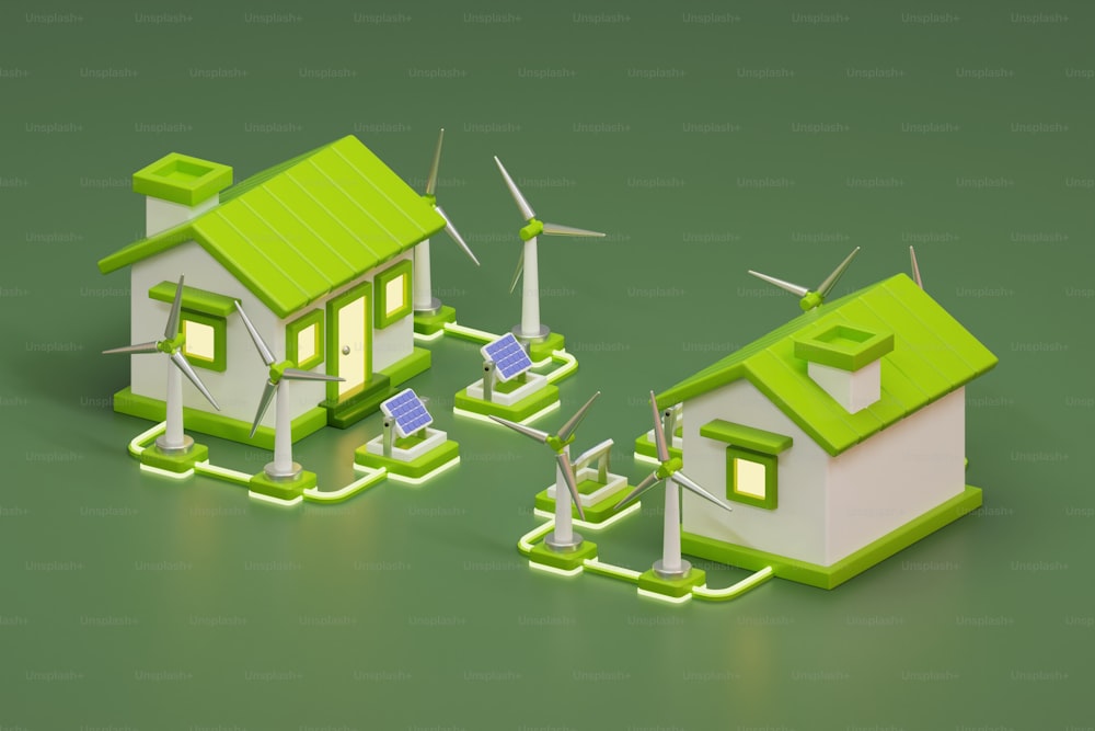 a group of houses with wind turbines in the background