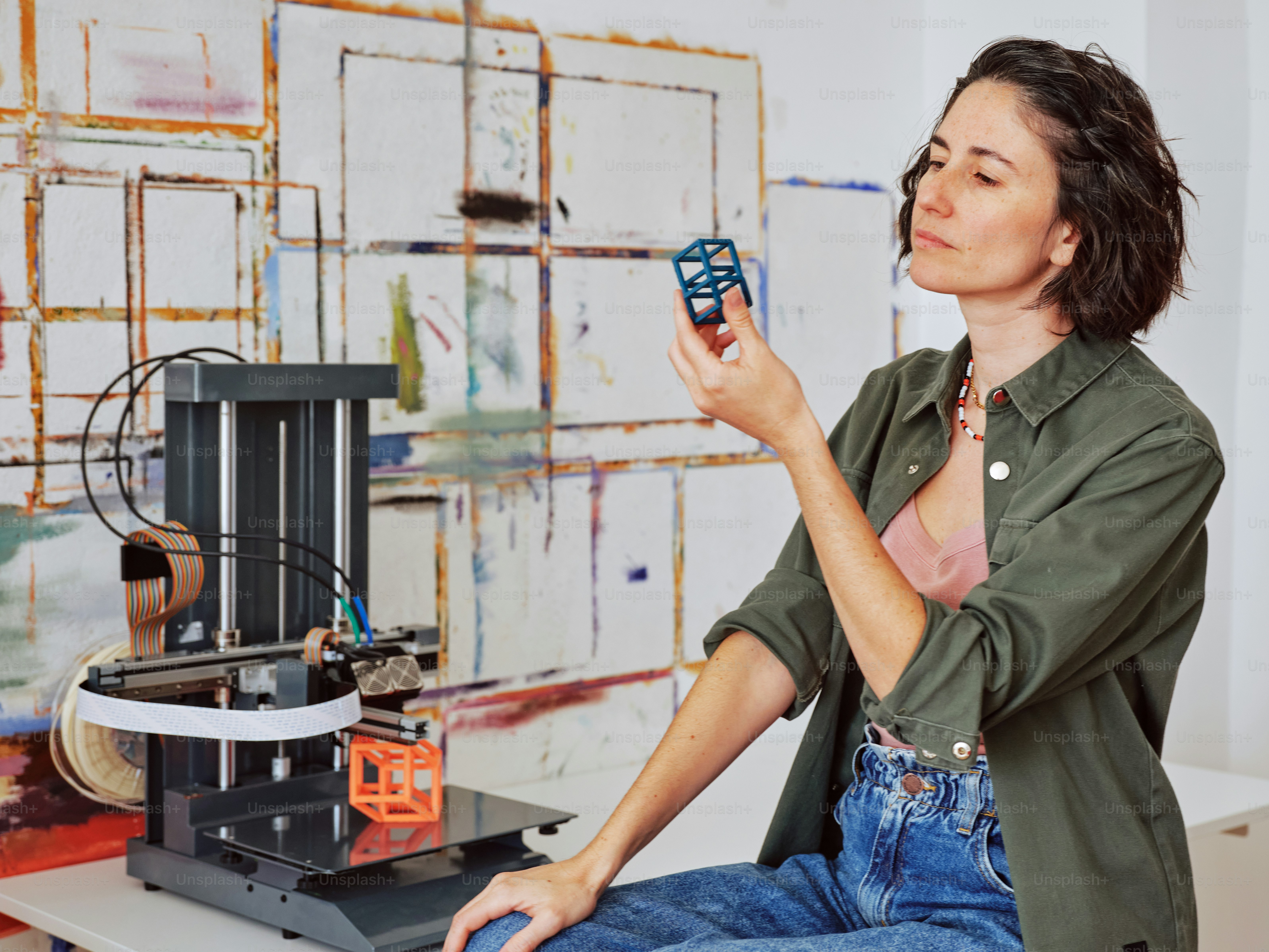 A woman sitting on a table with a 3d printer photo – 3d printing studio ...