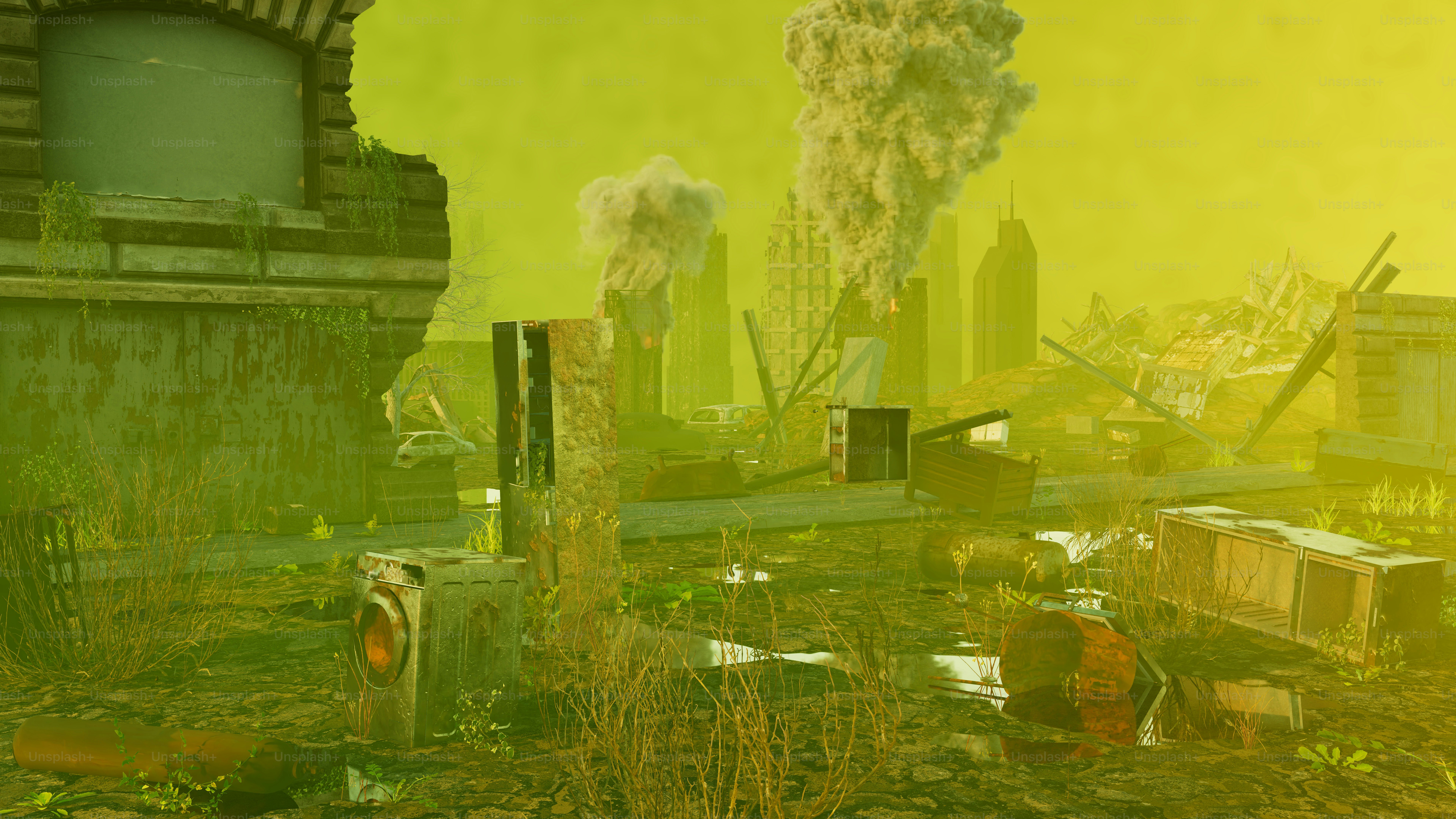 a computer generated image of a factory with smoke coming out of it