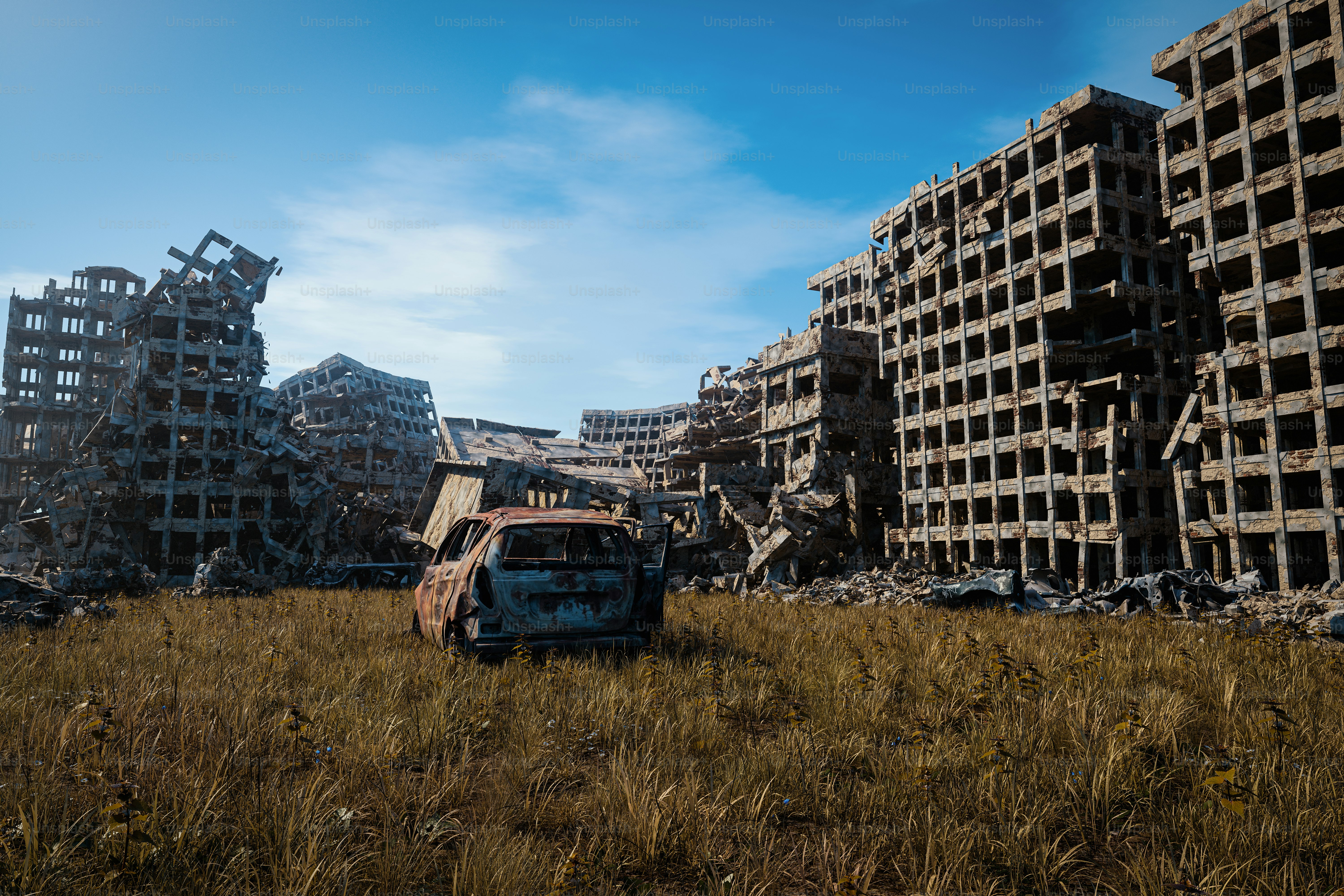 un bâtiment abandonné dans un champ avec un camion au premier plan