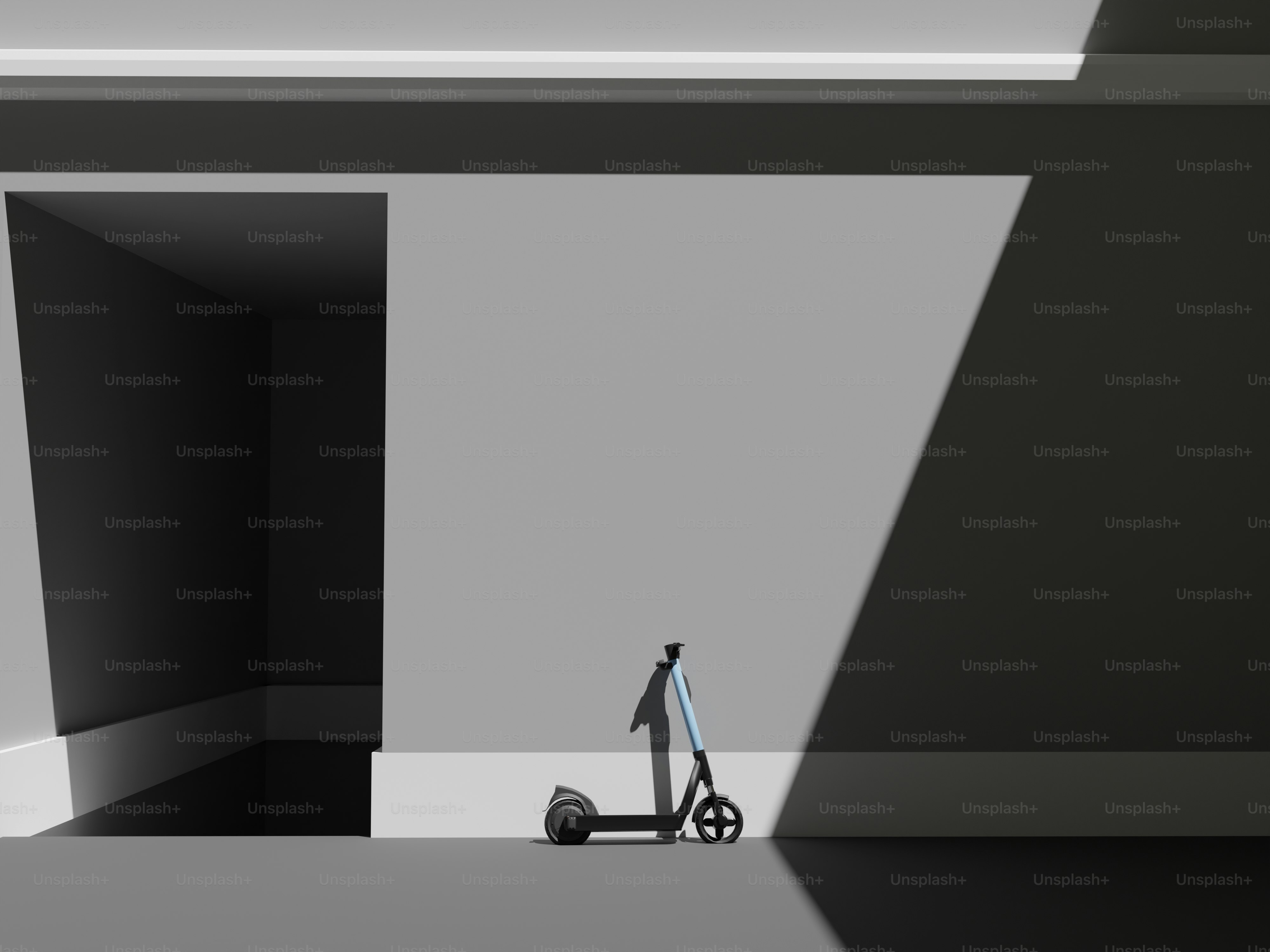 a scooter is parked in a dark room