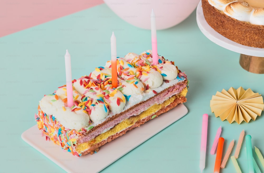 a birthday cake with candles on a plate