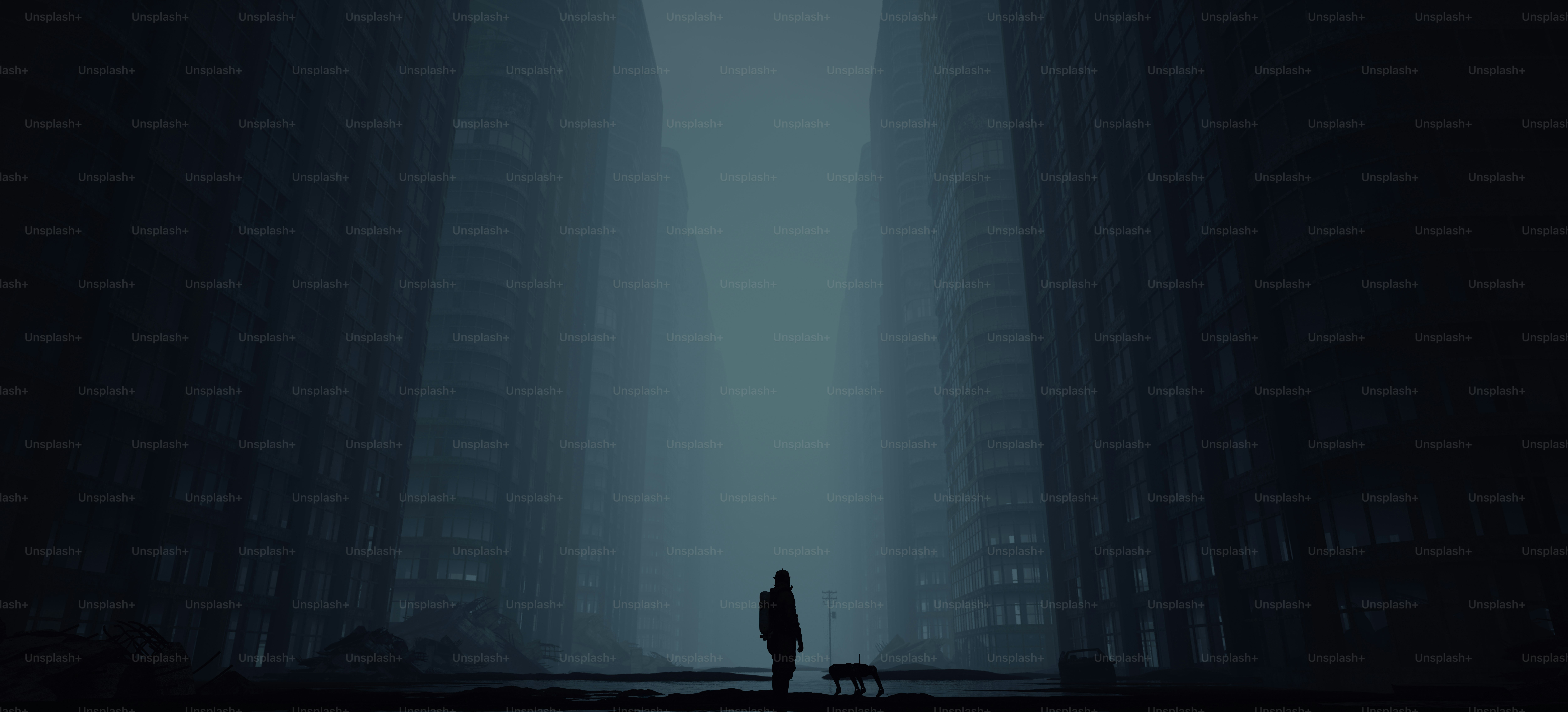 un homme et un chien debout au milieu d’une ville sombre