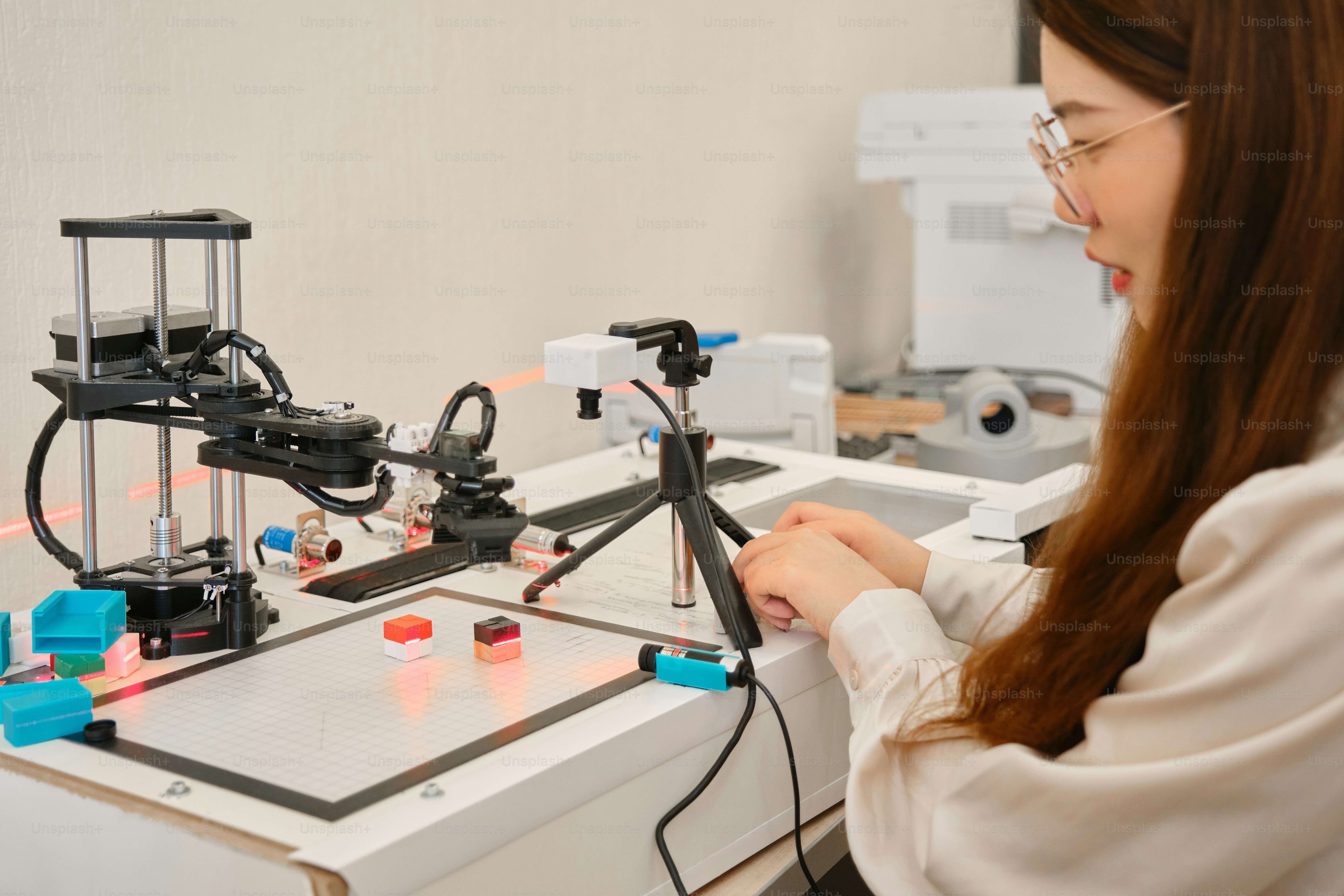 a woman in a lab looking at a machine
