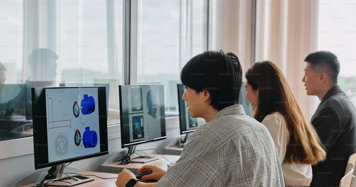 A group of people sitting in front of computer monitors photo ...