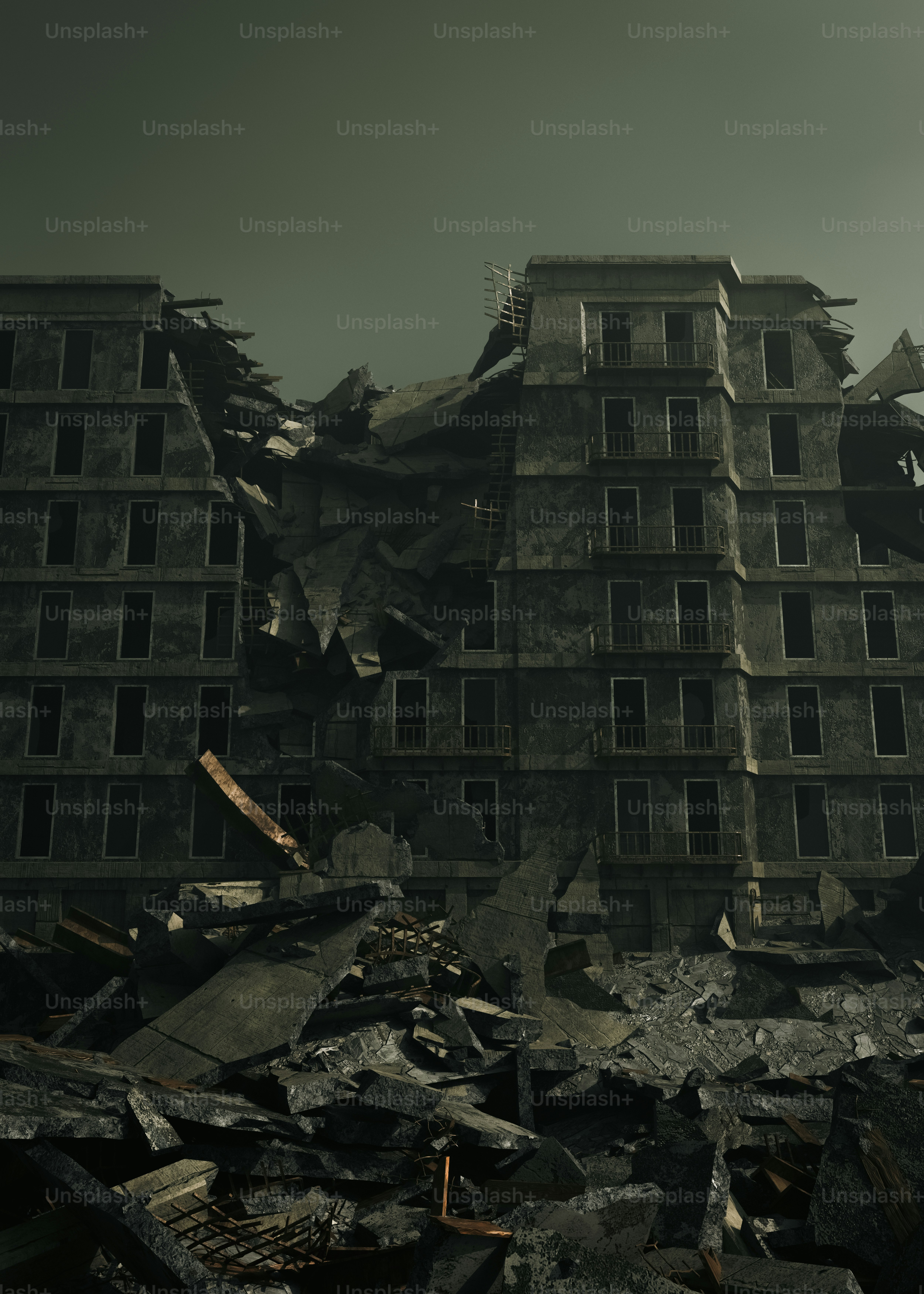 A very large building with a bunch of rubble in front of it photo – 3d ...