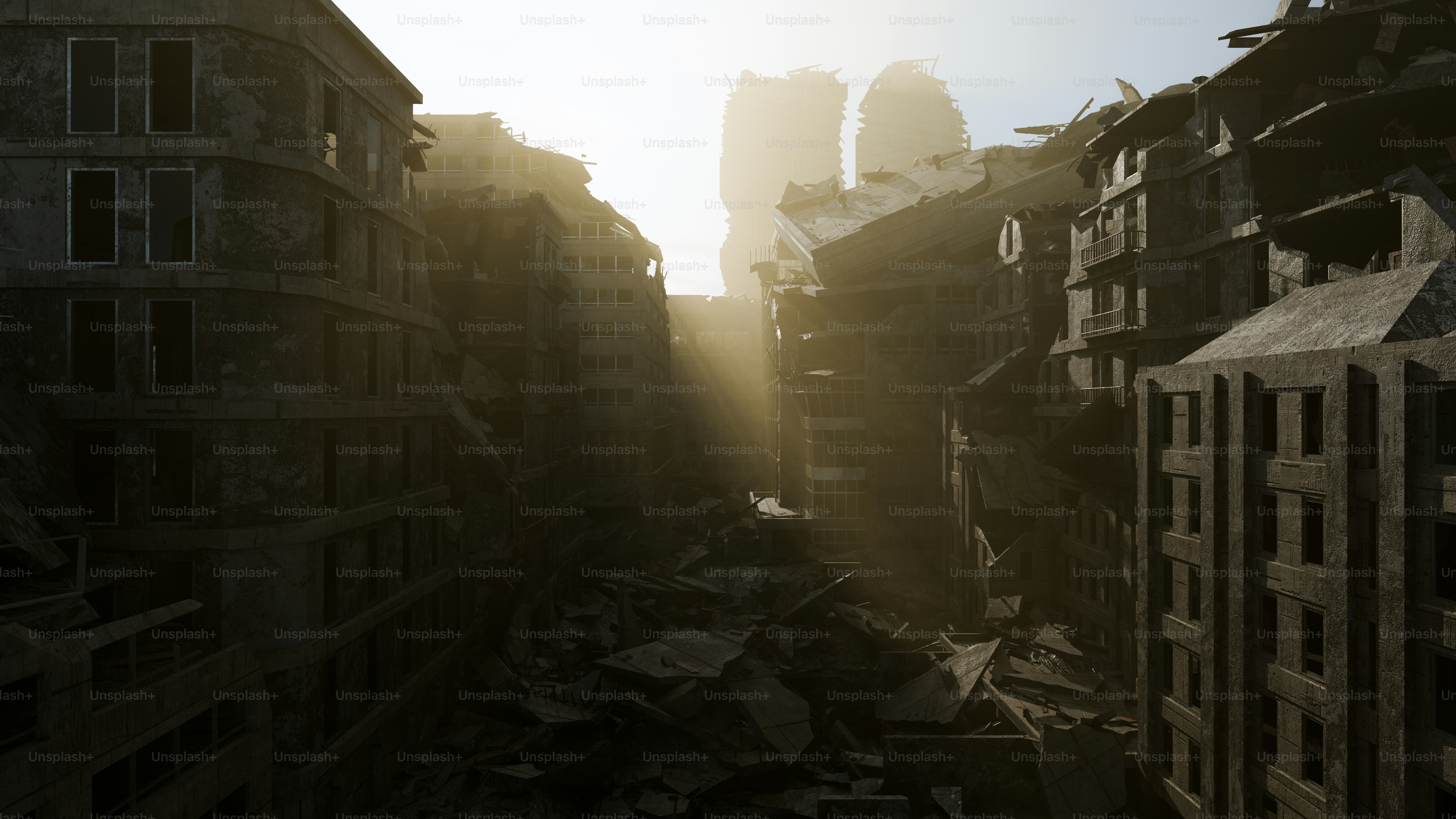 Die Sonne scheint durch die Gebäude der Stadt