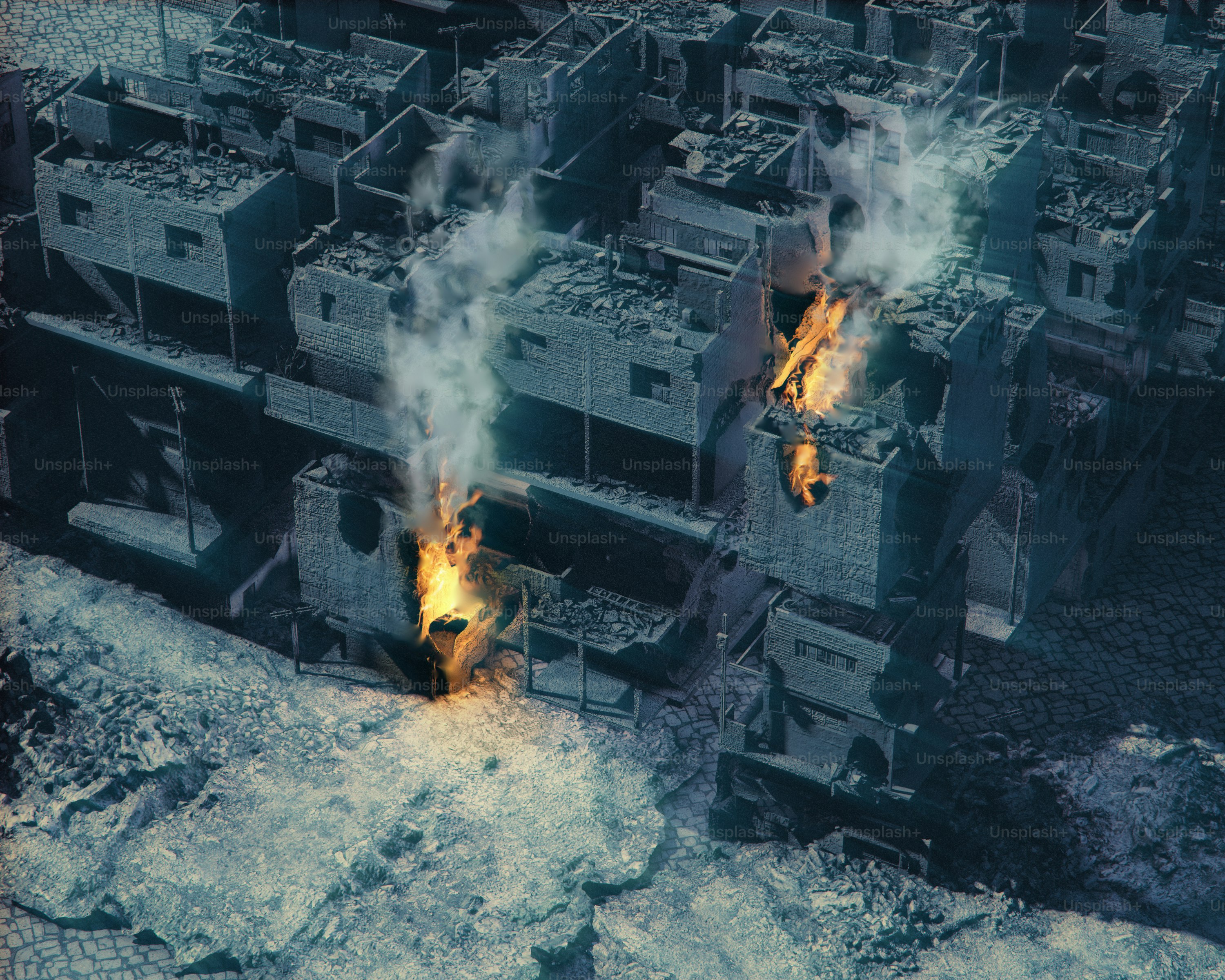 an aerial view of a fire burning in a building