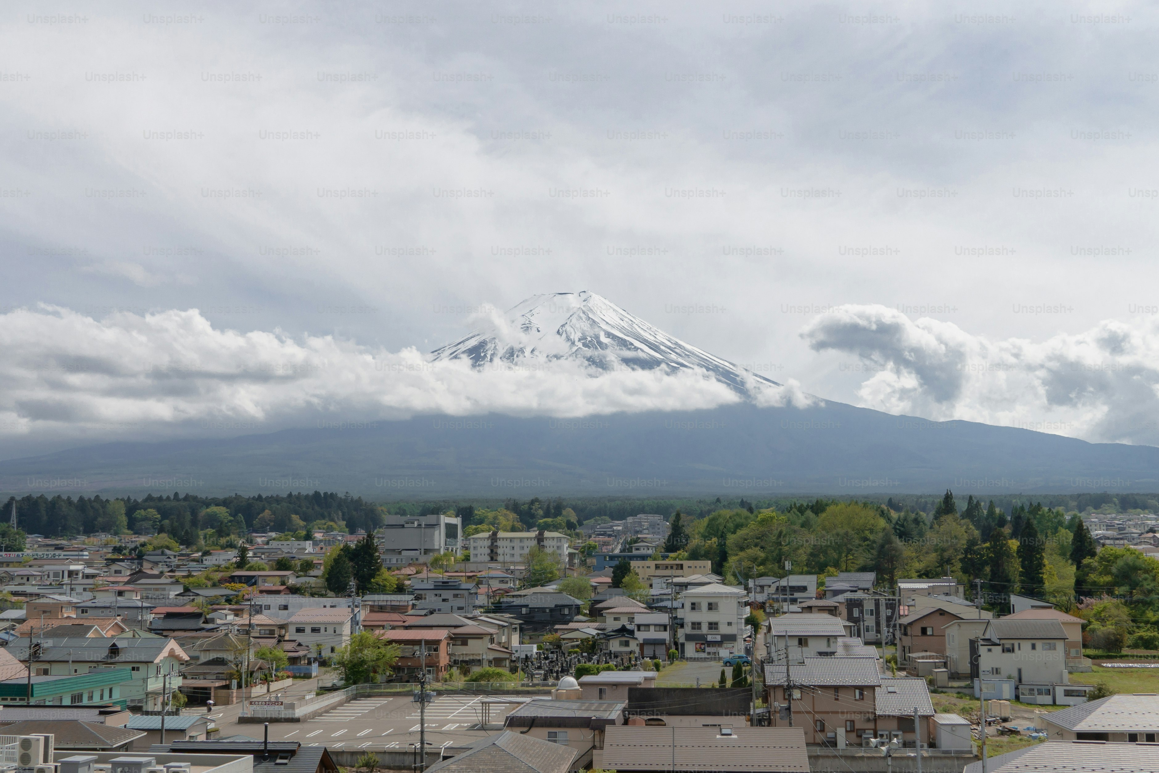 a view of a city with a mountain in the background