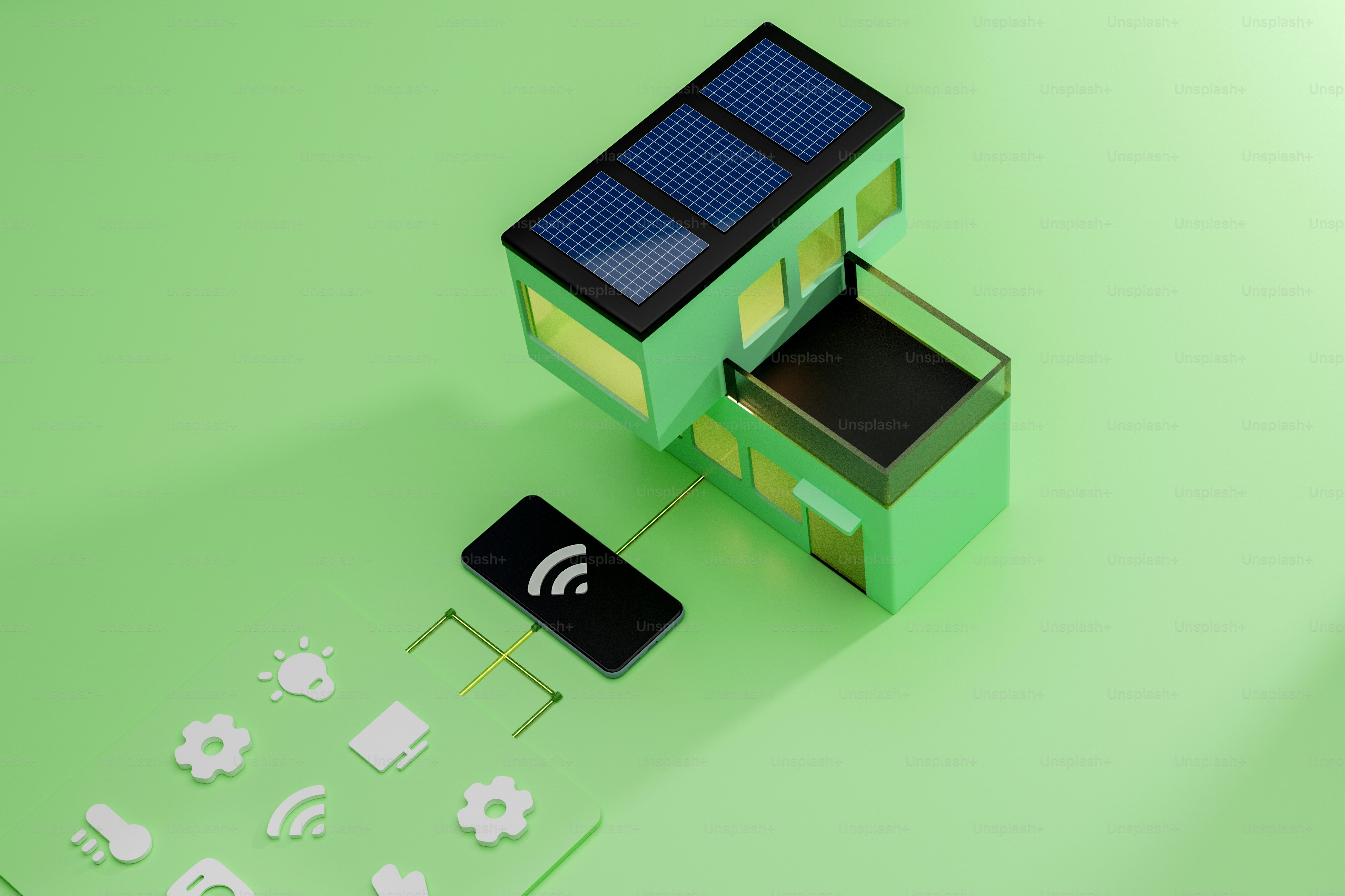 a small green house with a solar panel on top of it