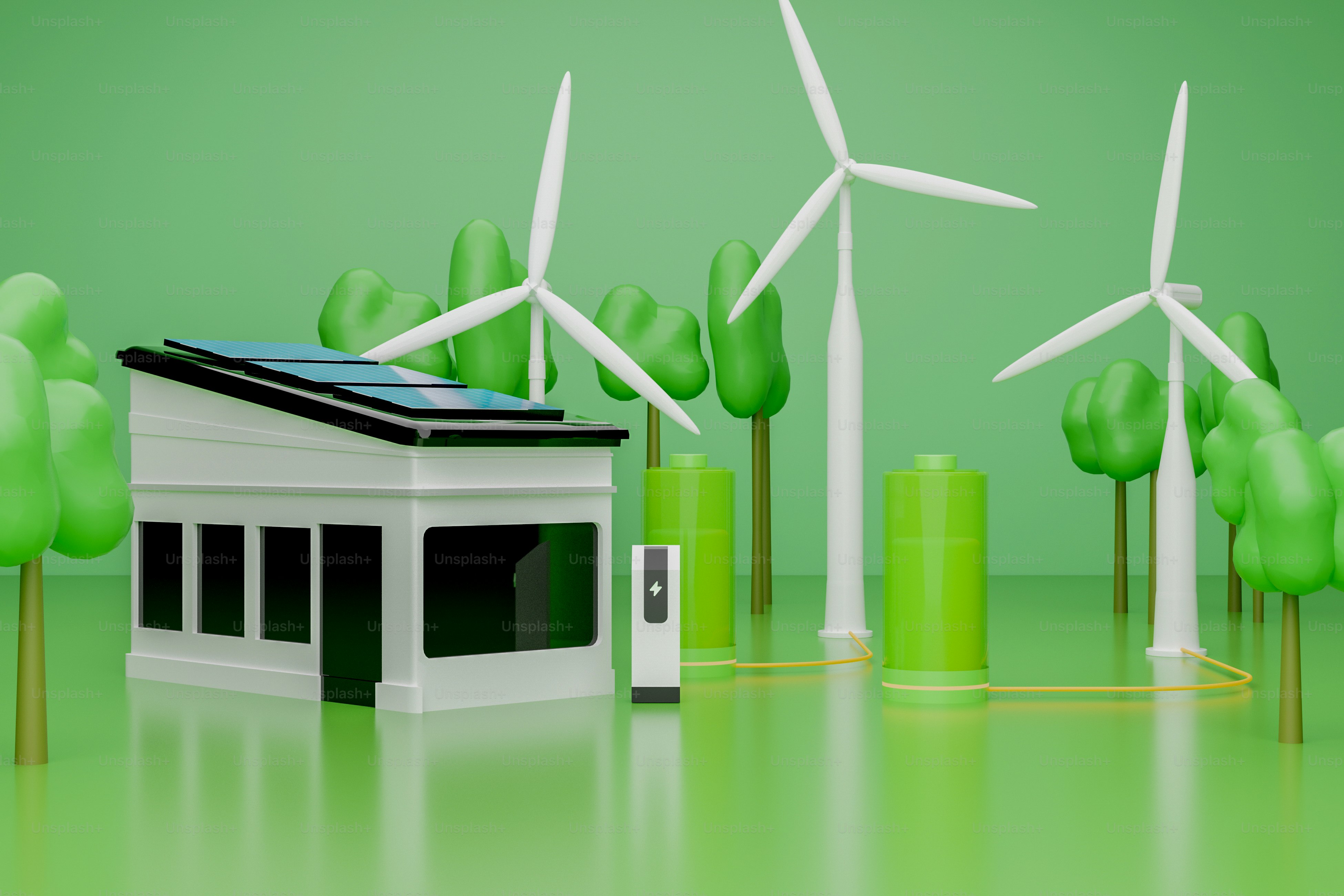 a house with a solar panel on top of it next to wind turbines