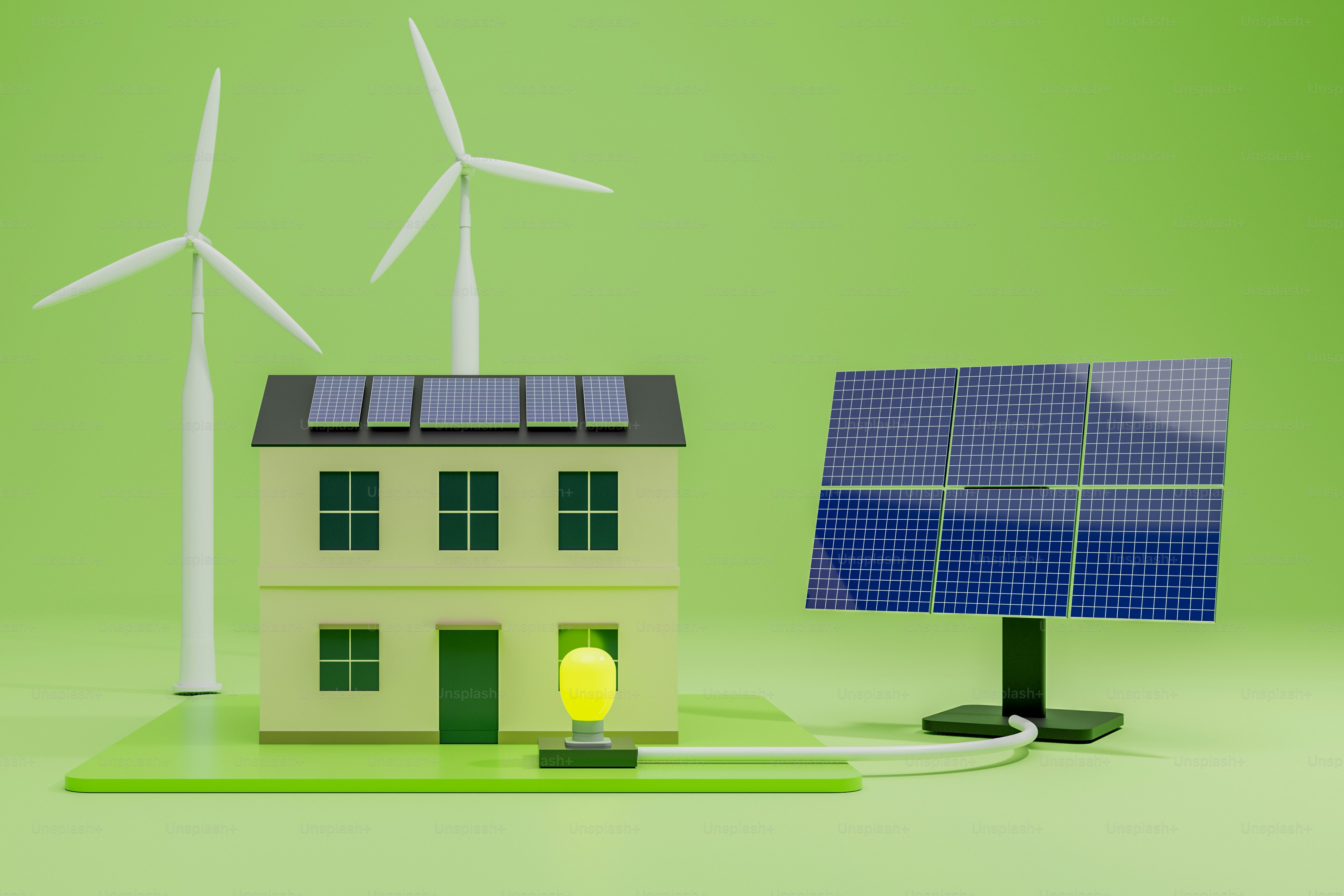 a house with a solar panel on top of it next to a wind turbine