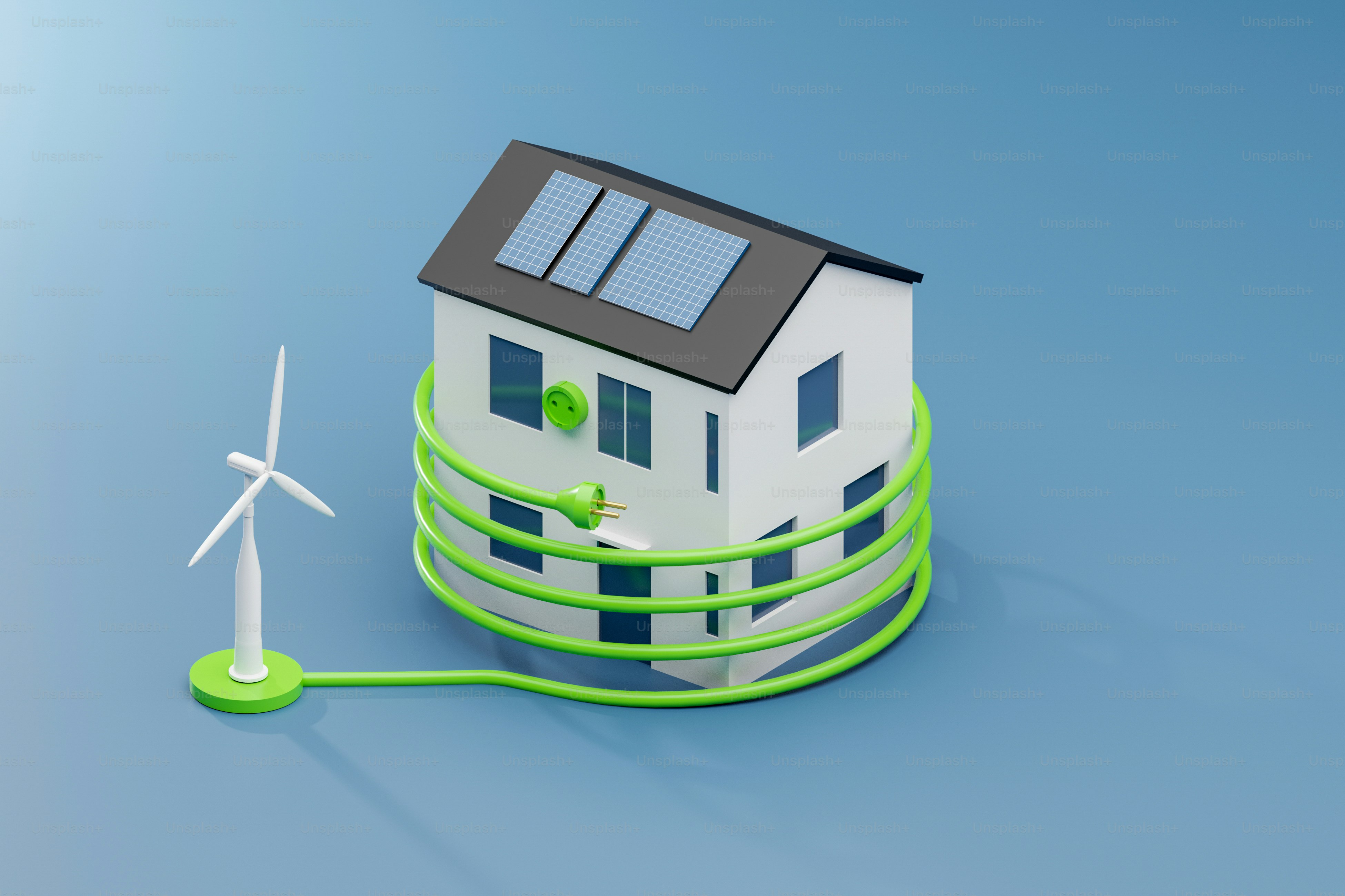 a house connected to a wind turbine on a blue background