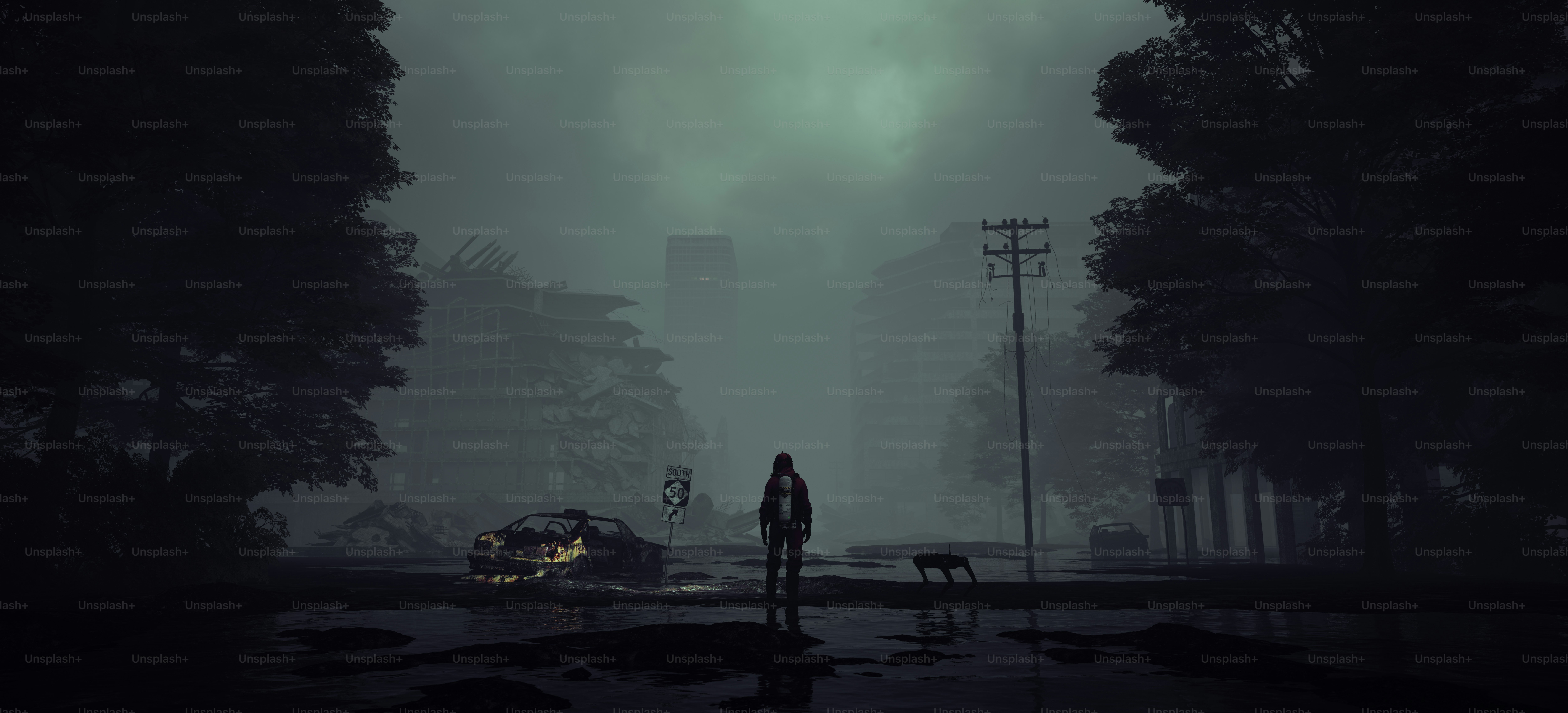 a person standing in the middle of a dark street