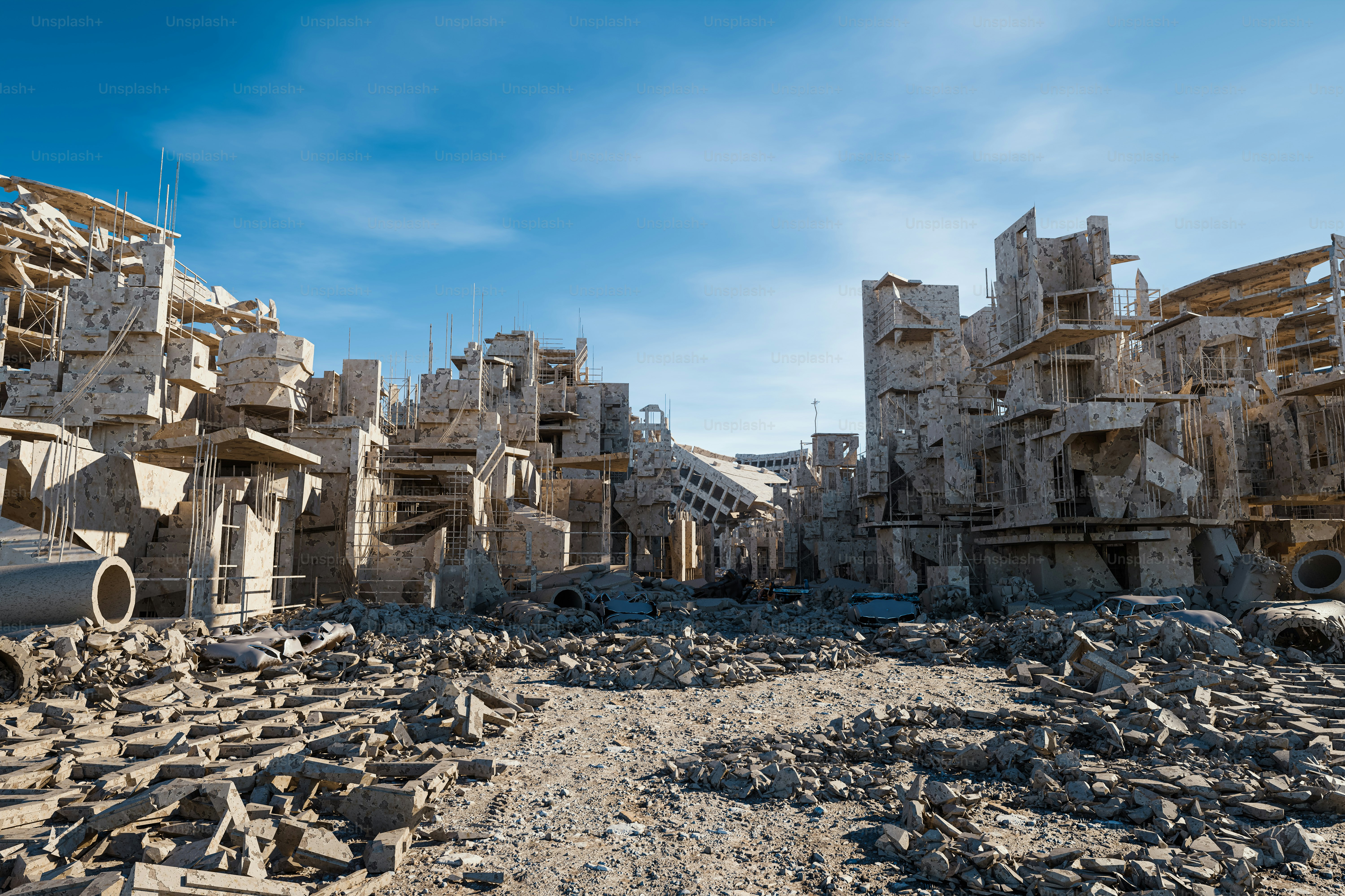 a large pile of rubble next to a building