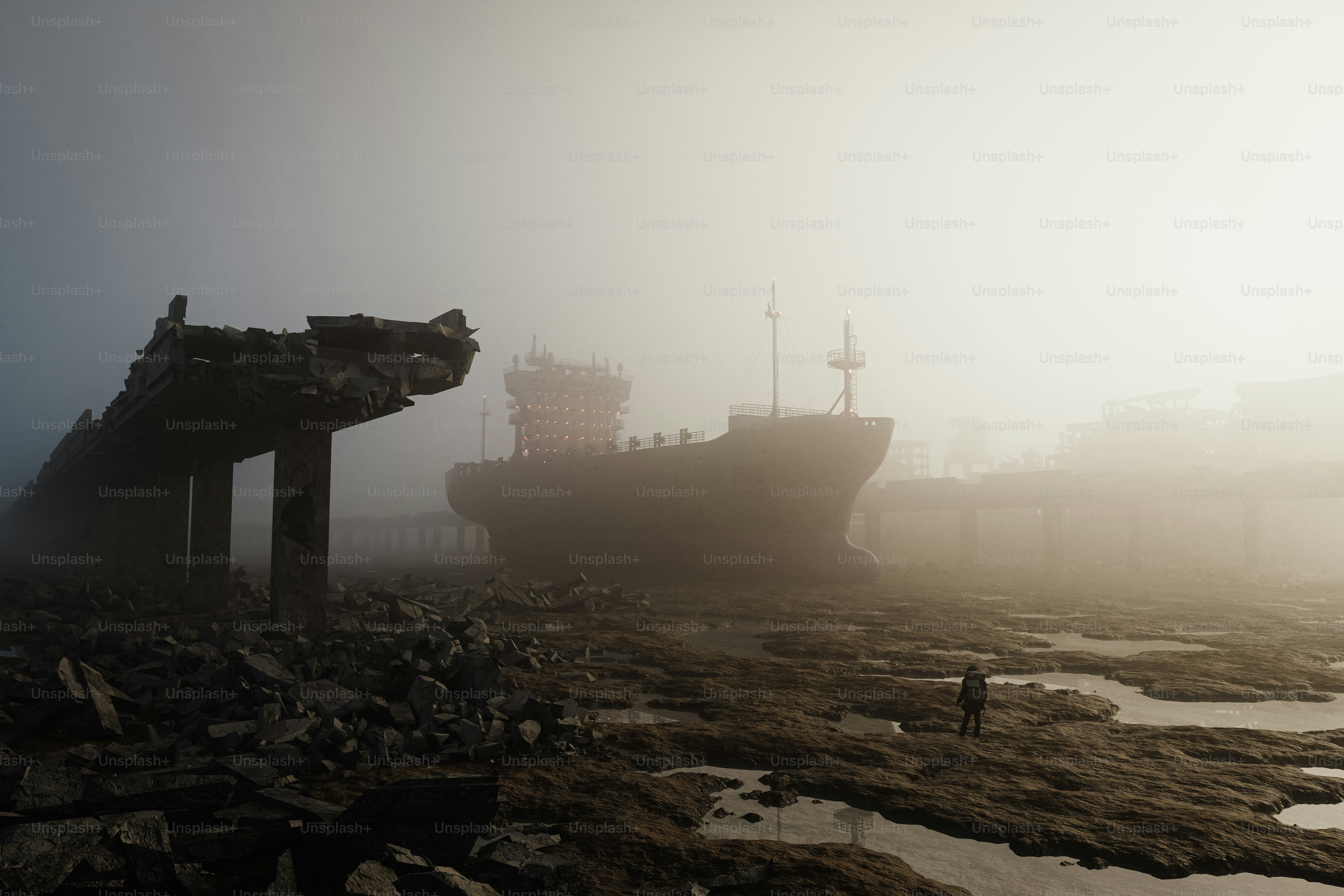 a large boat sitting on top of a rocky beach