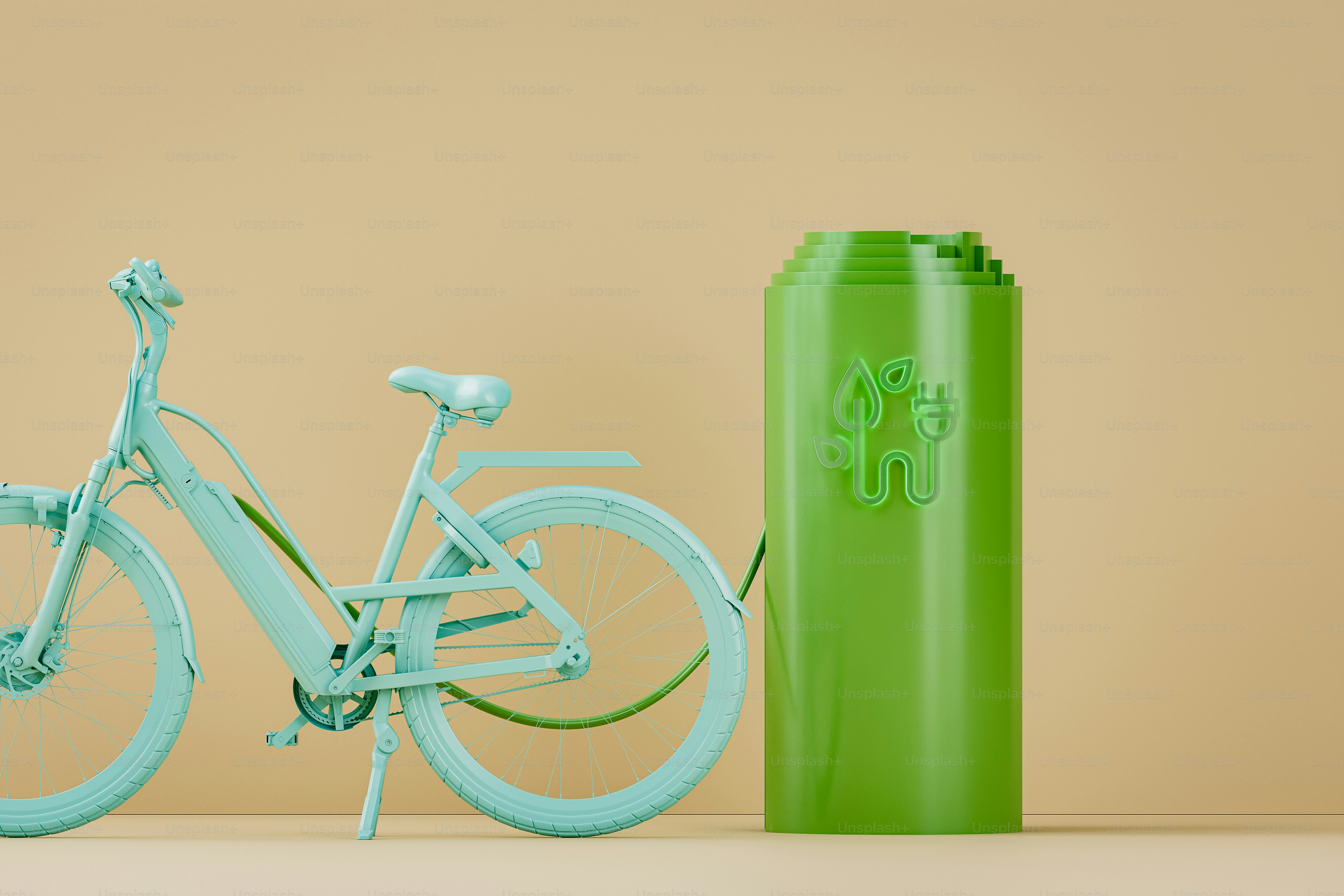 a blue bicycle parked next to a green can