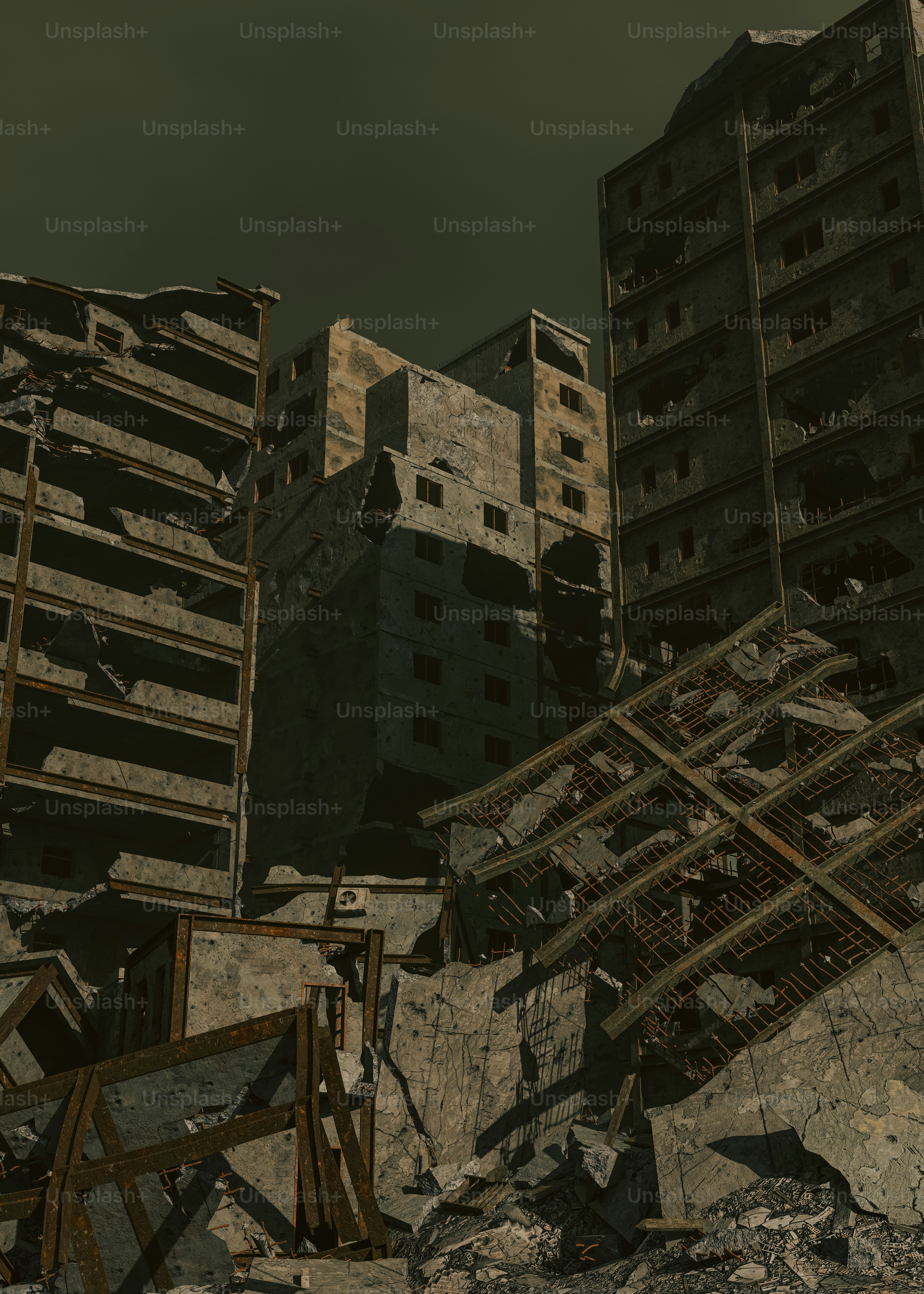 a pile of rubble next to a tall building