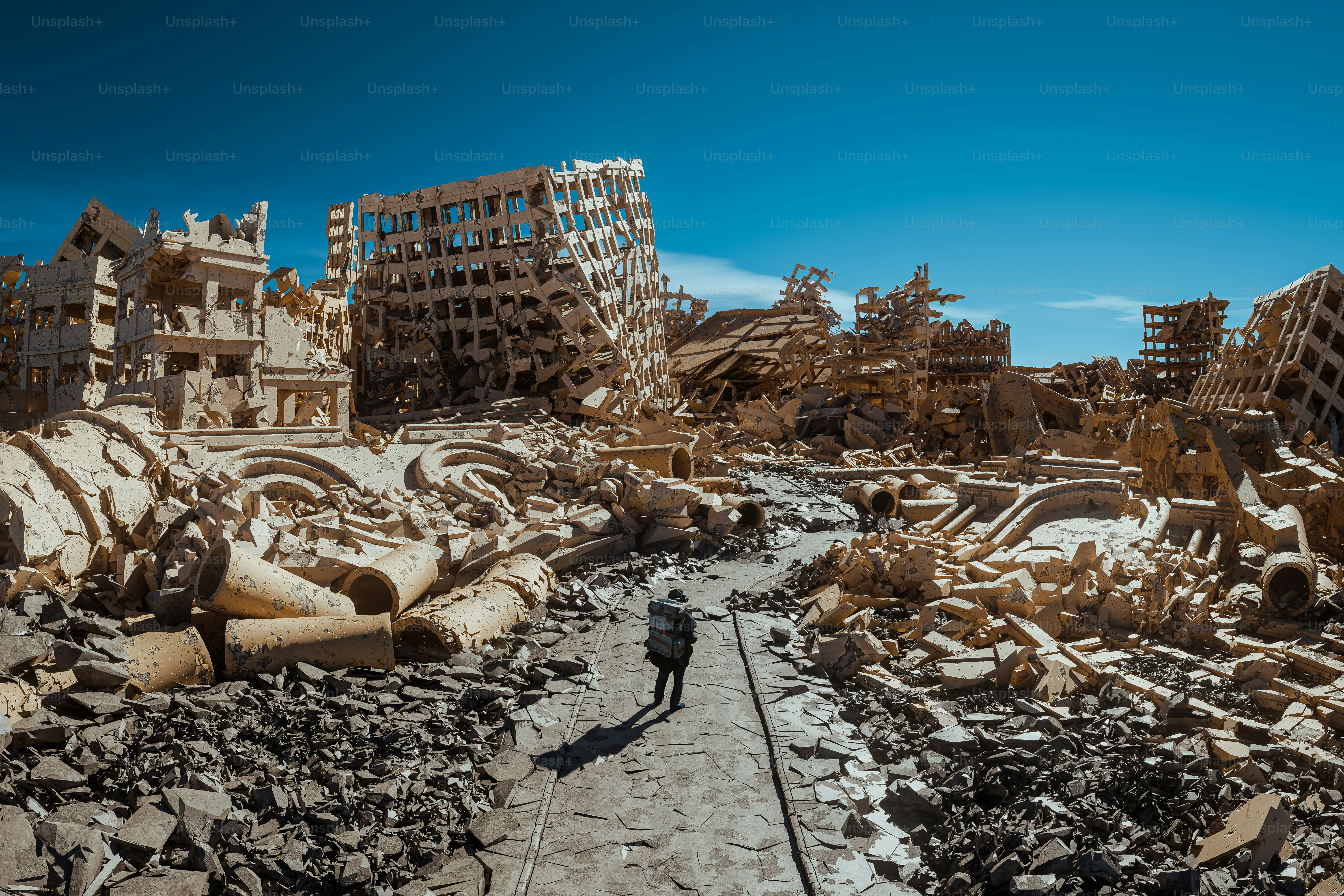 Ein Mann geht durch die Ruinen einer Stadt