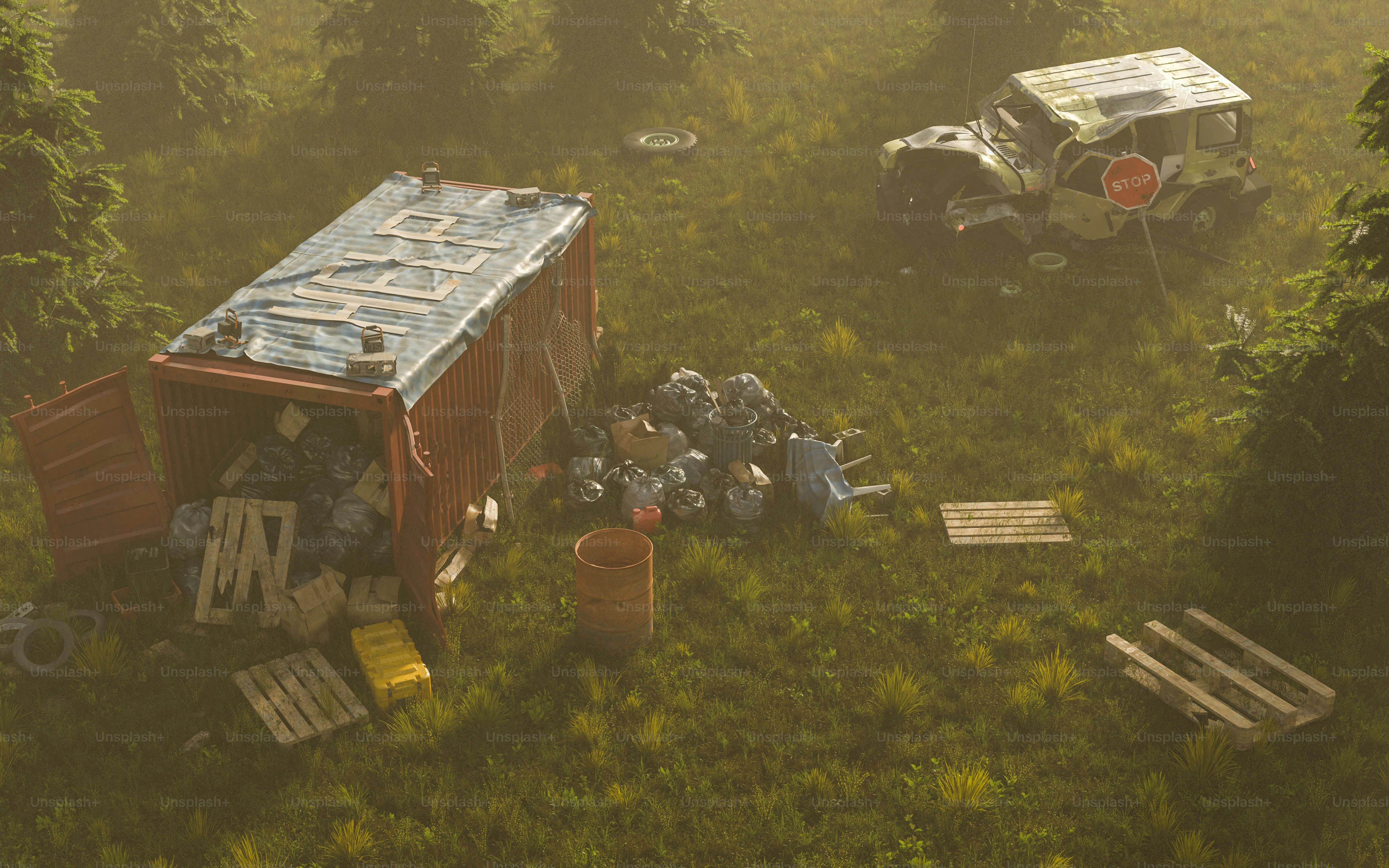 a couple of trucks that are in the grass