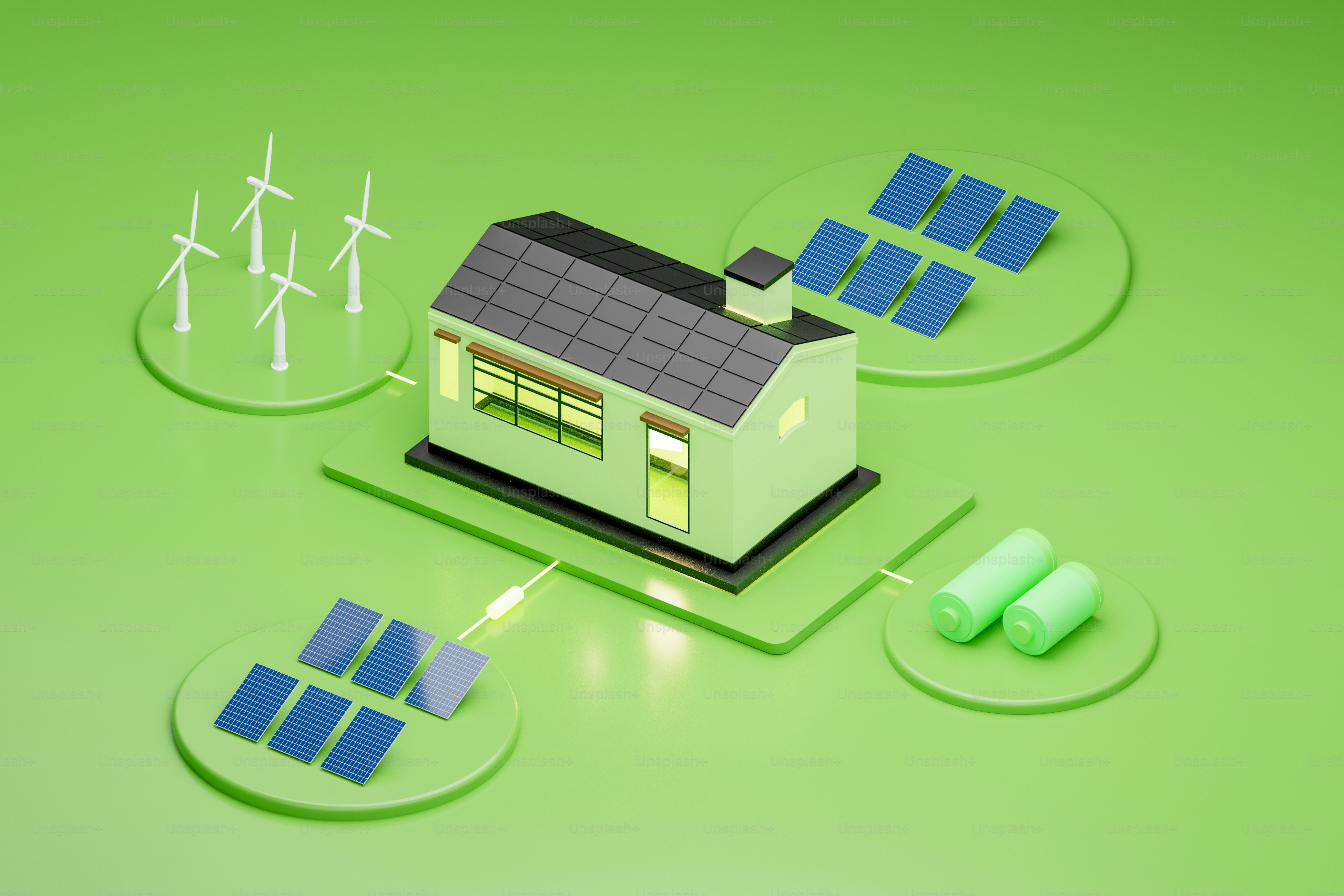 風力タービンとソーラーパネルに囲まれた家