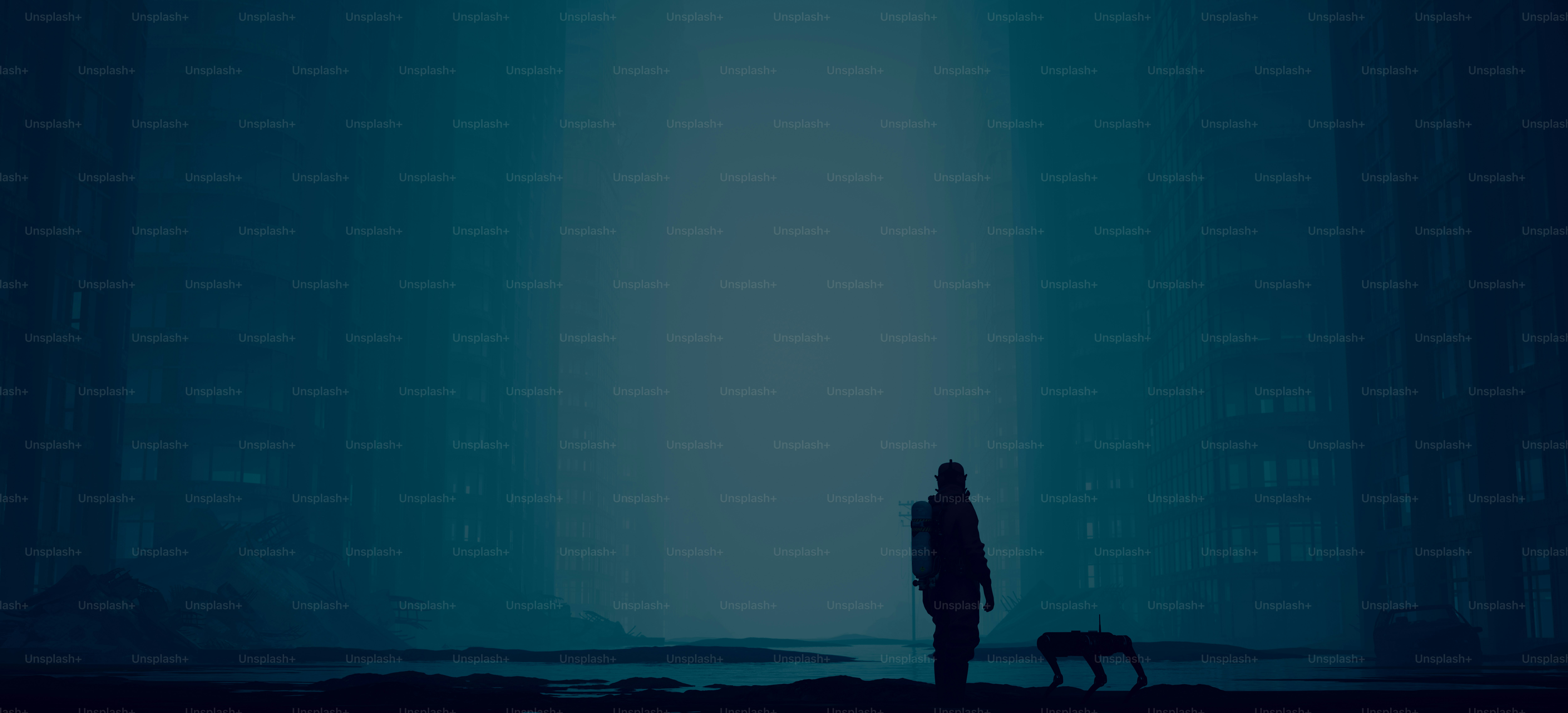 a person and a dog in a dark city