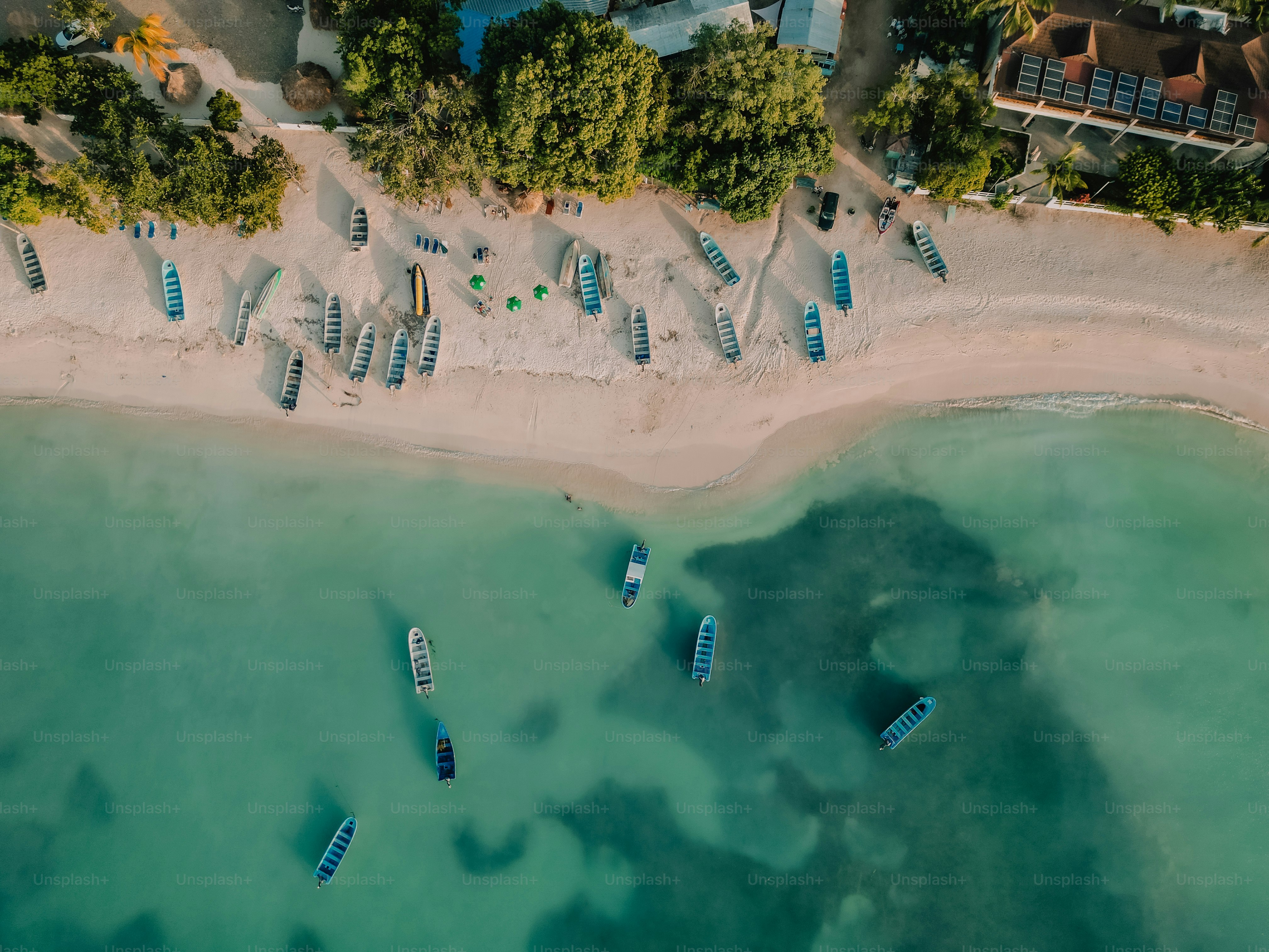 Un grupo de barcos sentados en la parte superior de una playa de arena