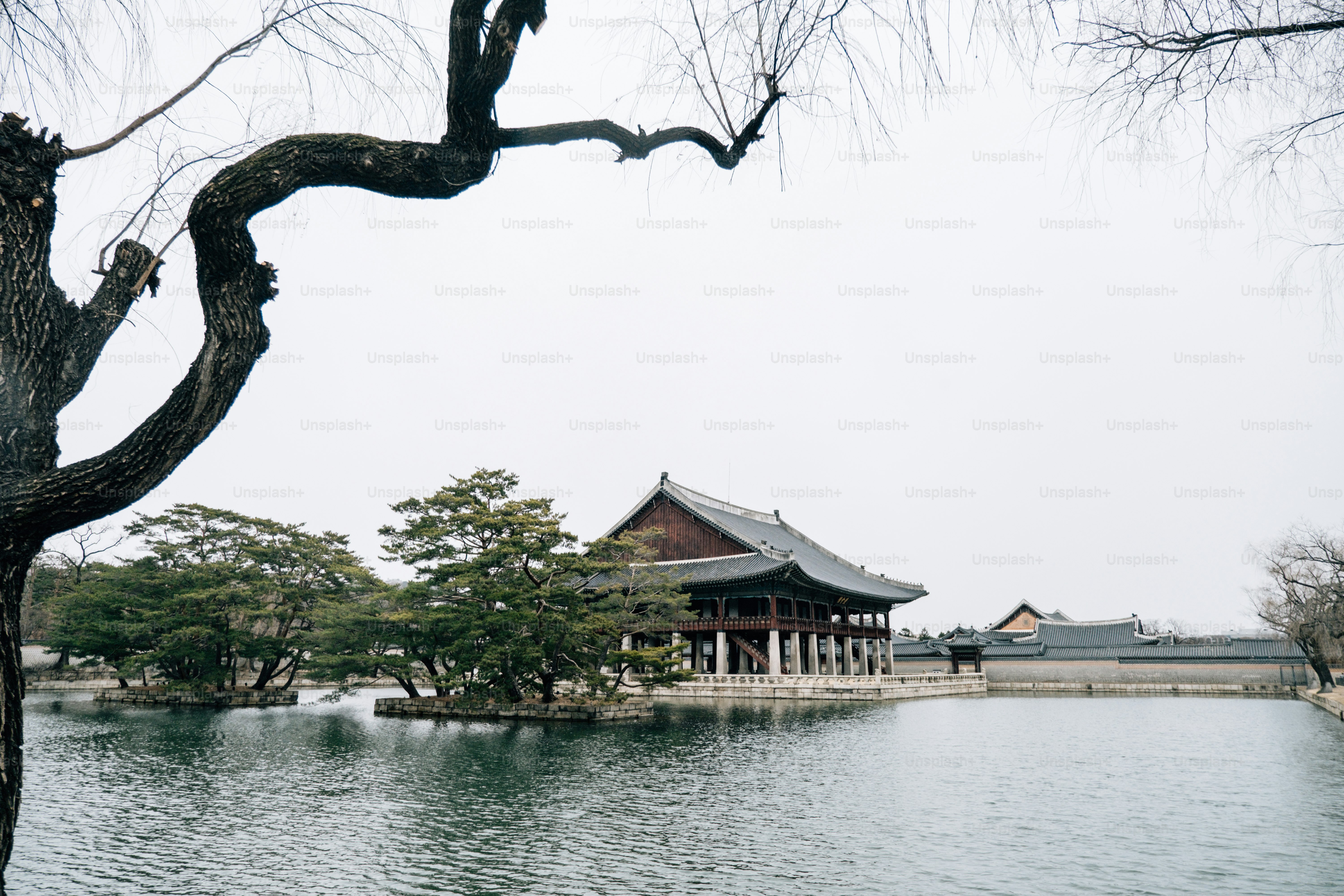 a large body of water with a building in the background