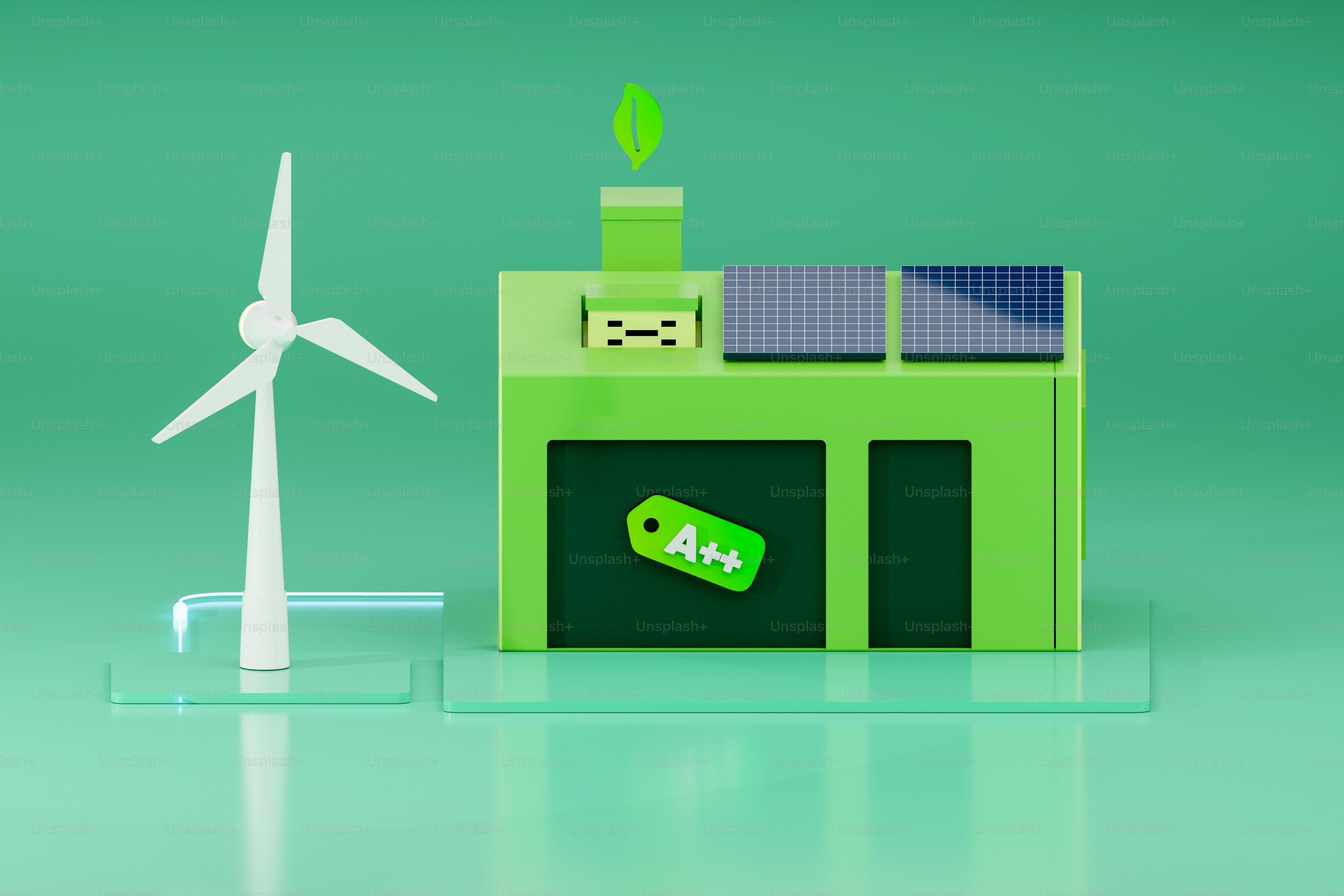 Modern sustainable green building with wind turbine — the future of energy-efficient commercial real estate