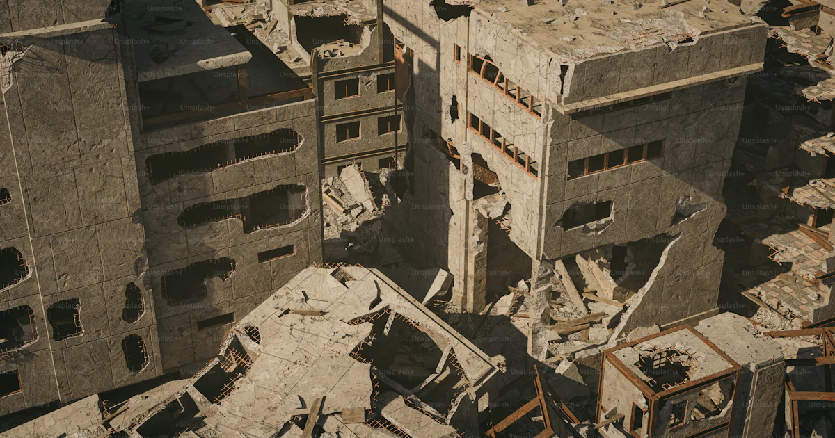 An aerial view of a building that has been destroyed photo – Rubble ...