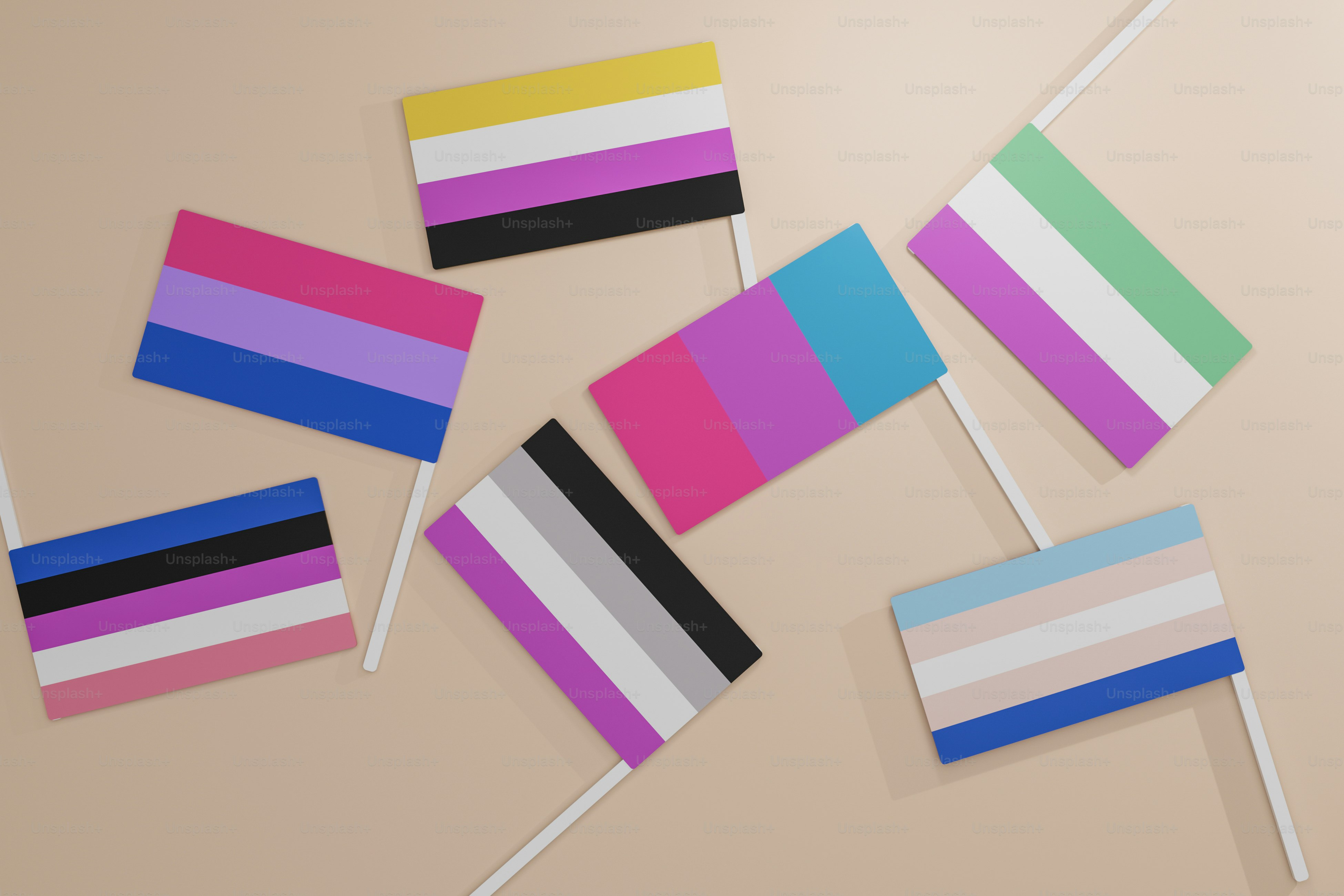 a group of colorful flags sitting on top of a table