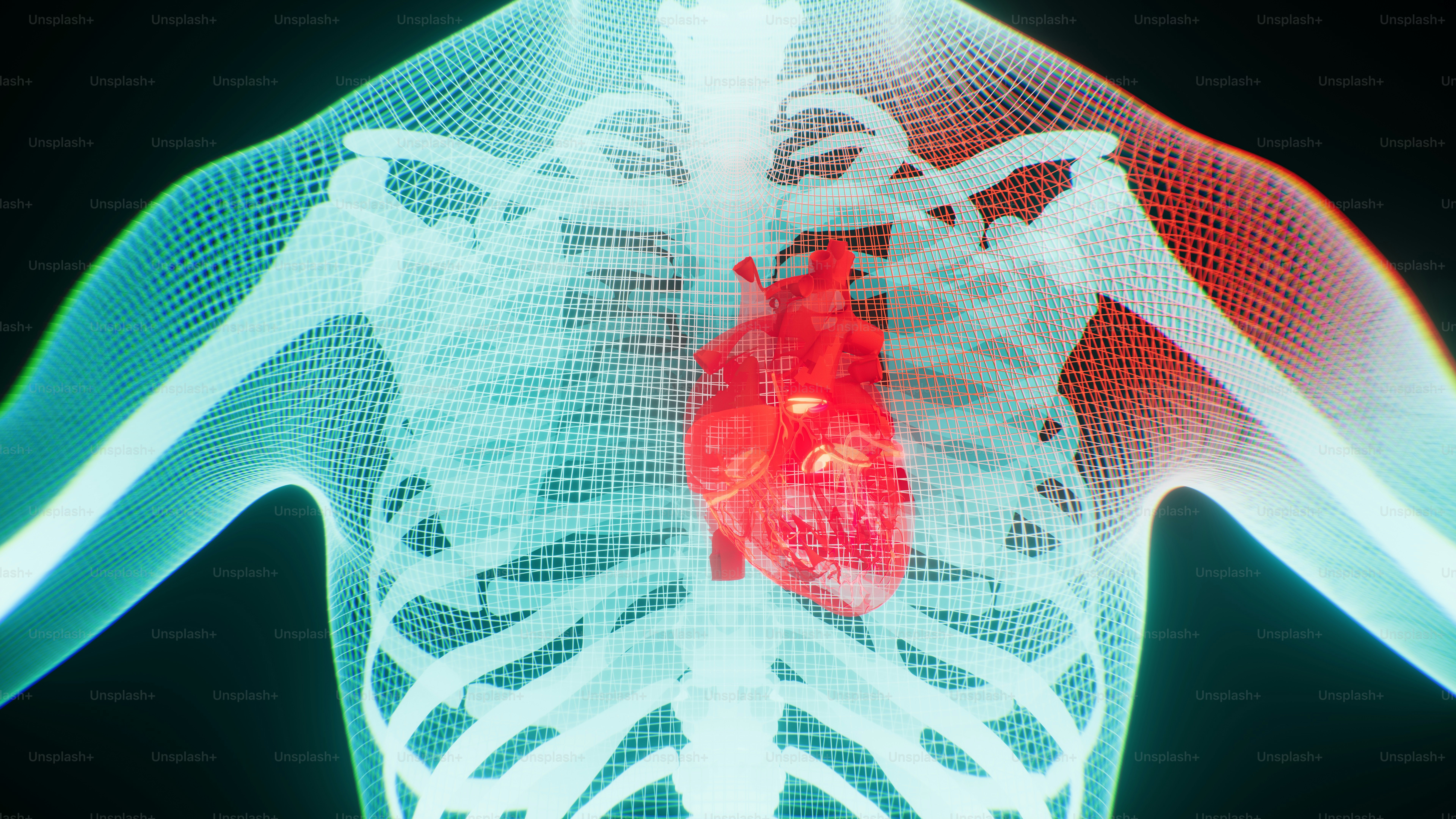 a computer image of a heart in the chest