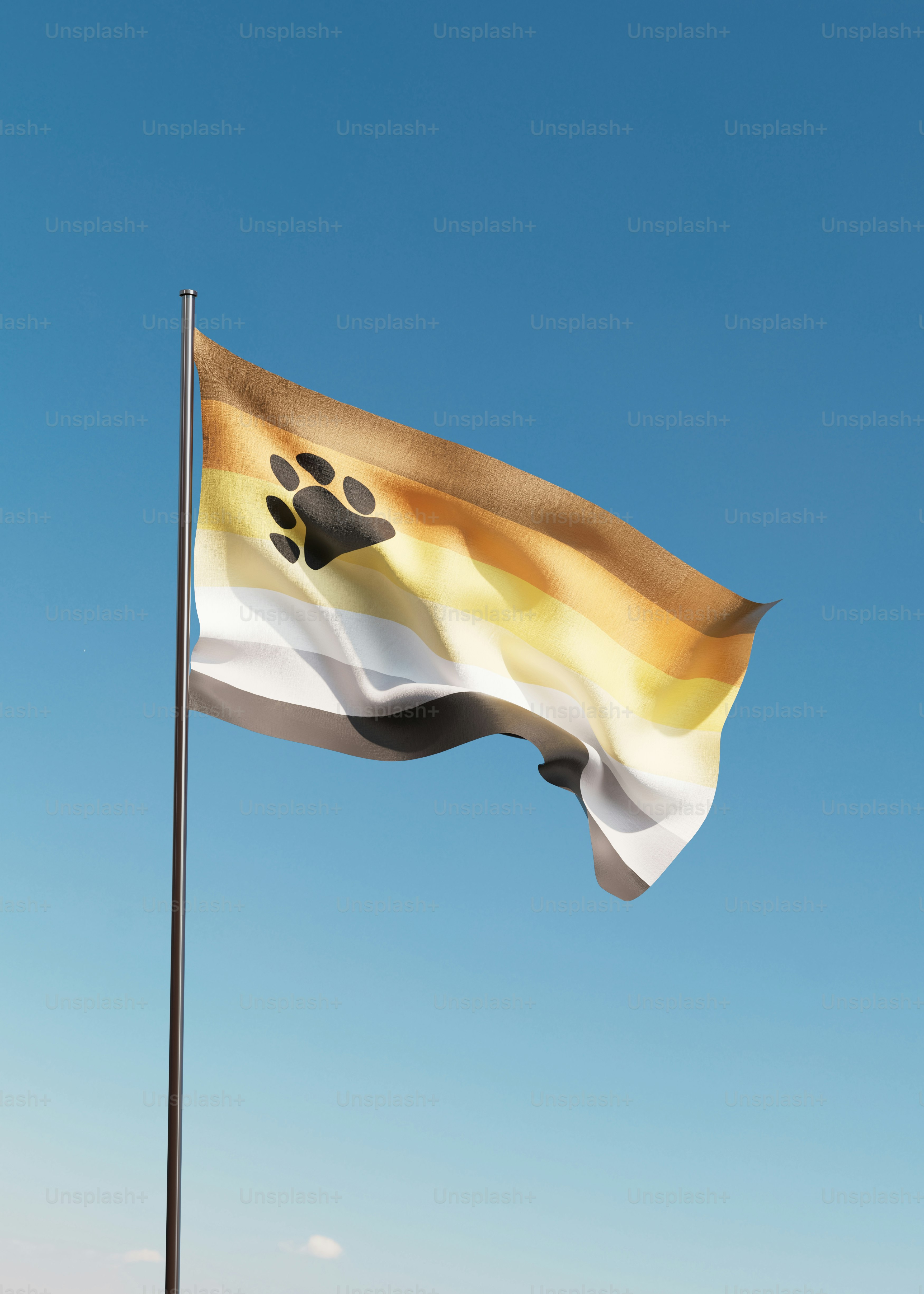 a flag with a dog paw on it flying in the sky