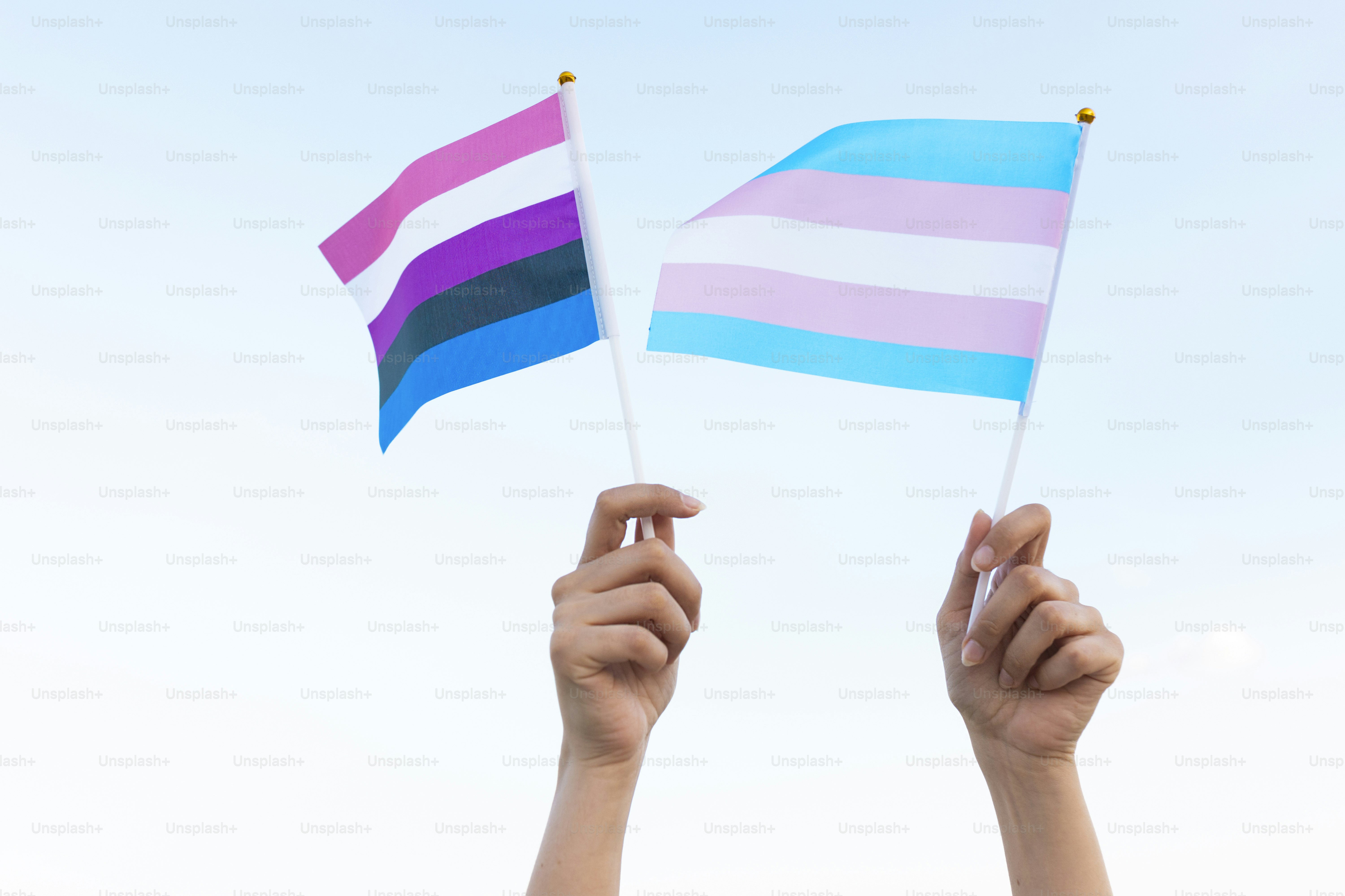 Dos manos sosteniendo banderas contra un cielo azul