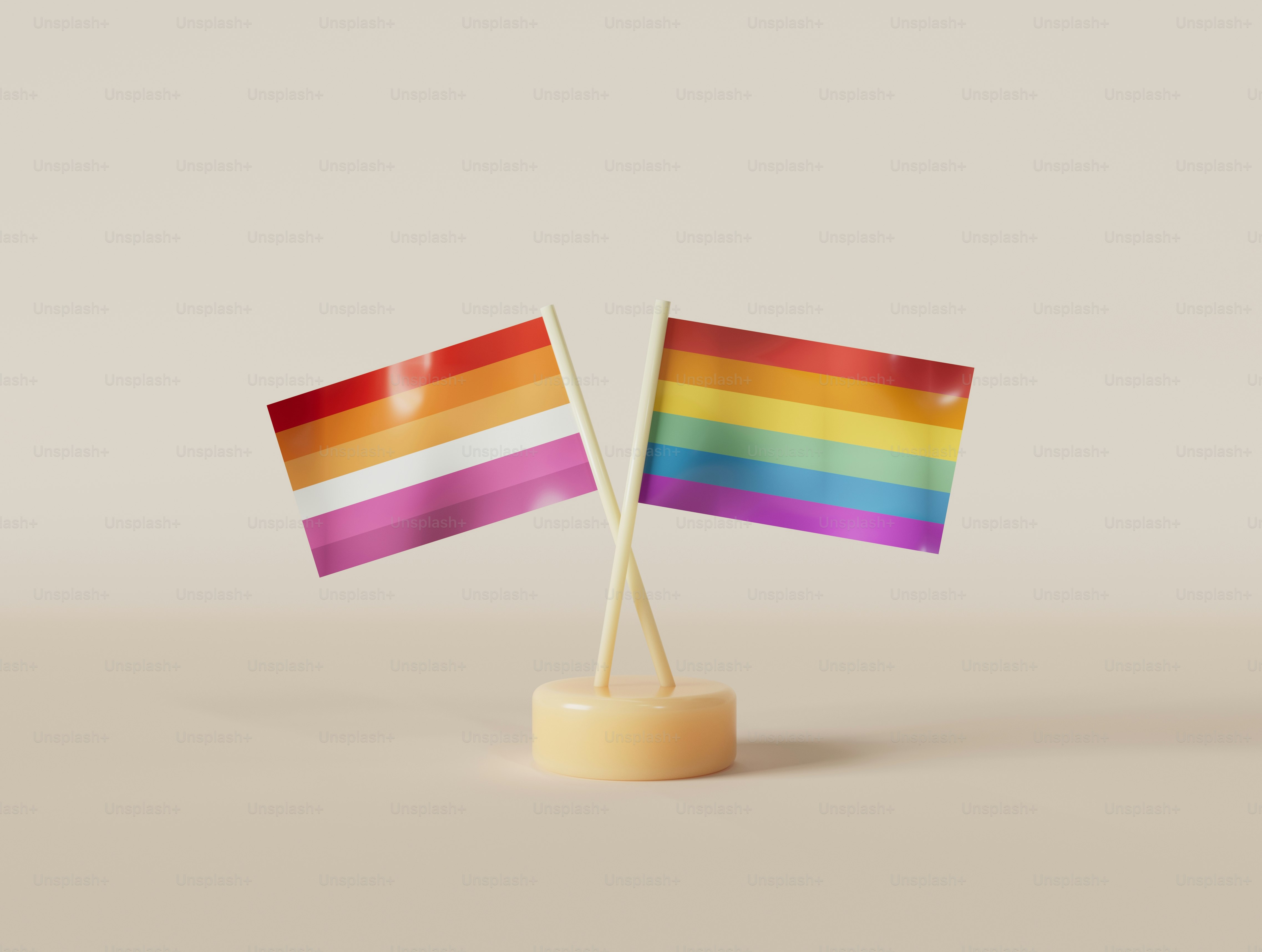 a pair of rainbow colored flags on a wooden stand