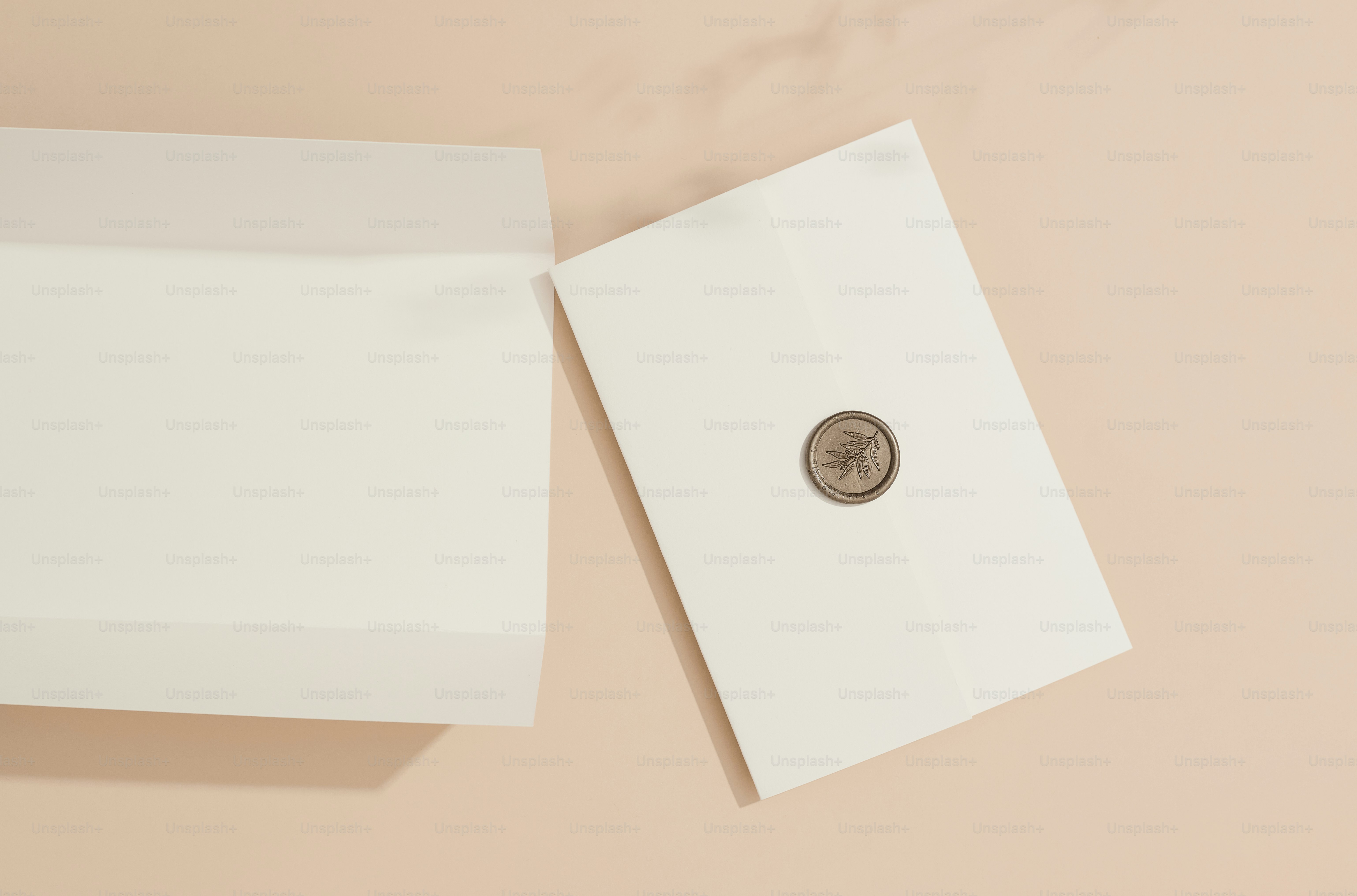 Overhead of invitation mockups in a neutral color palette.