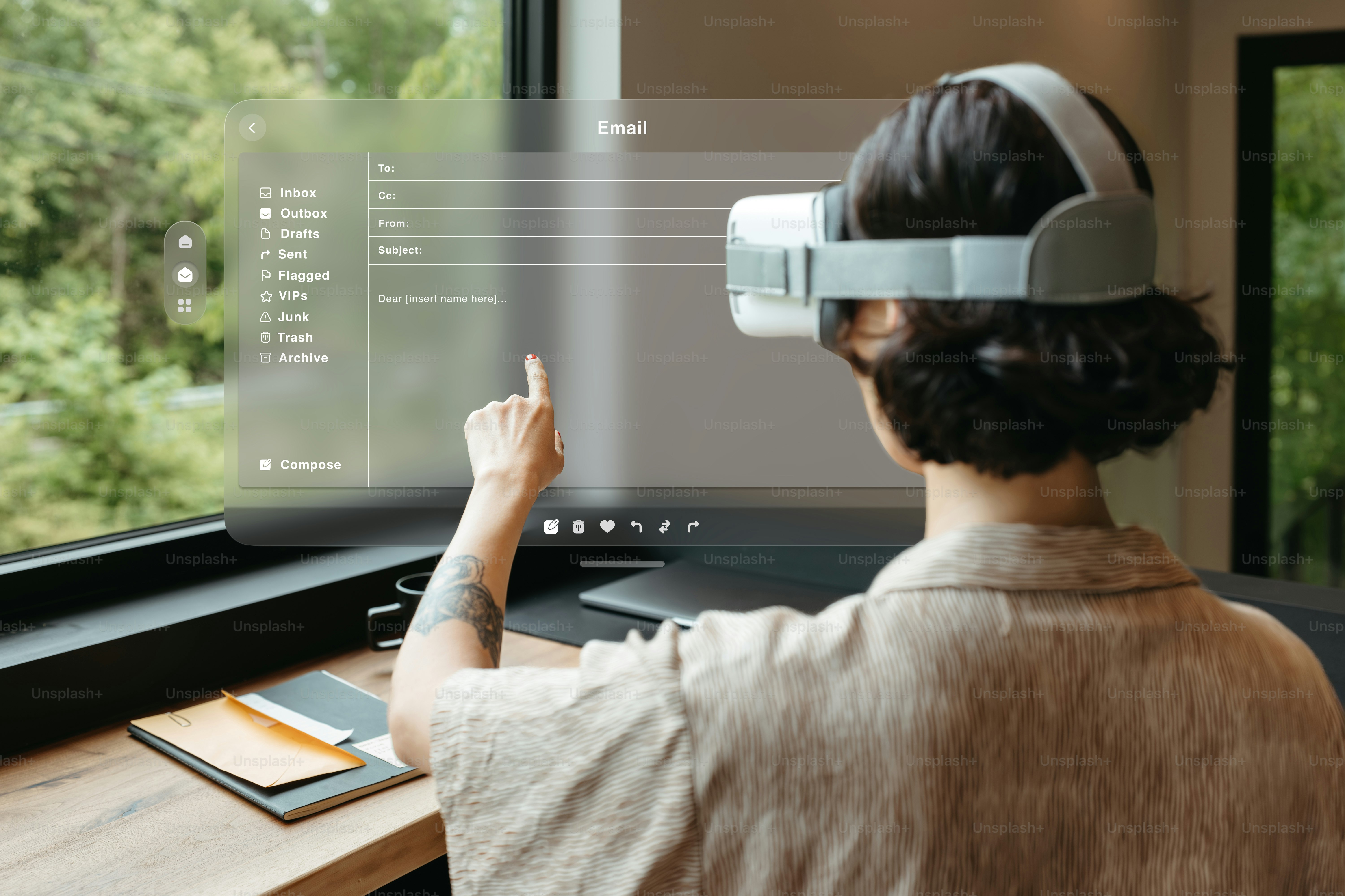 a person wearing a virtual headset looking out a window