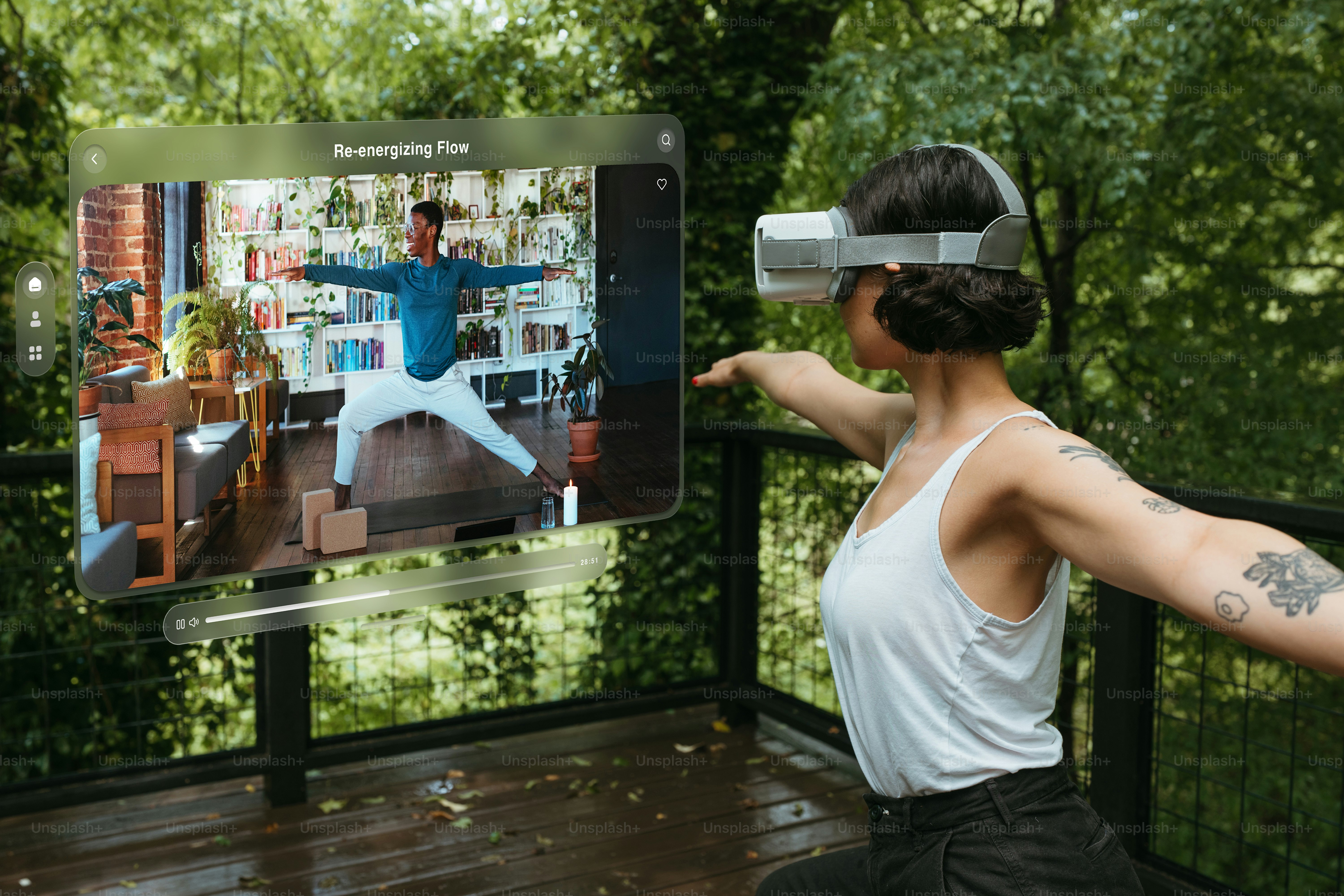 A woman in a white tank top is using a virtual device photo – Virtual ...