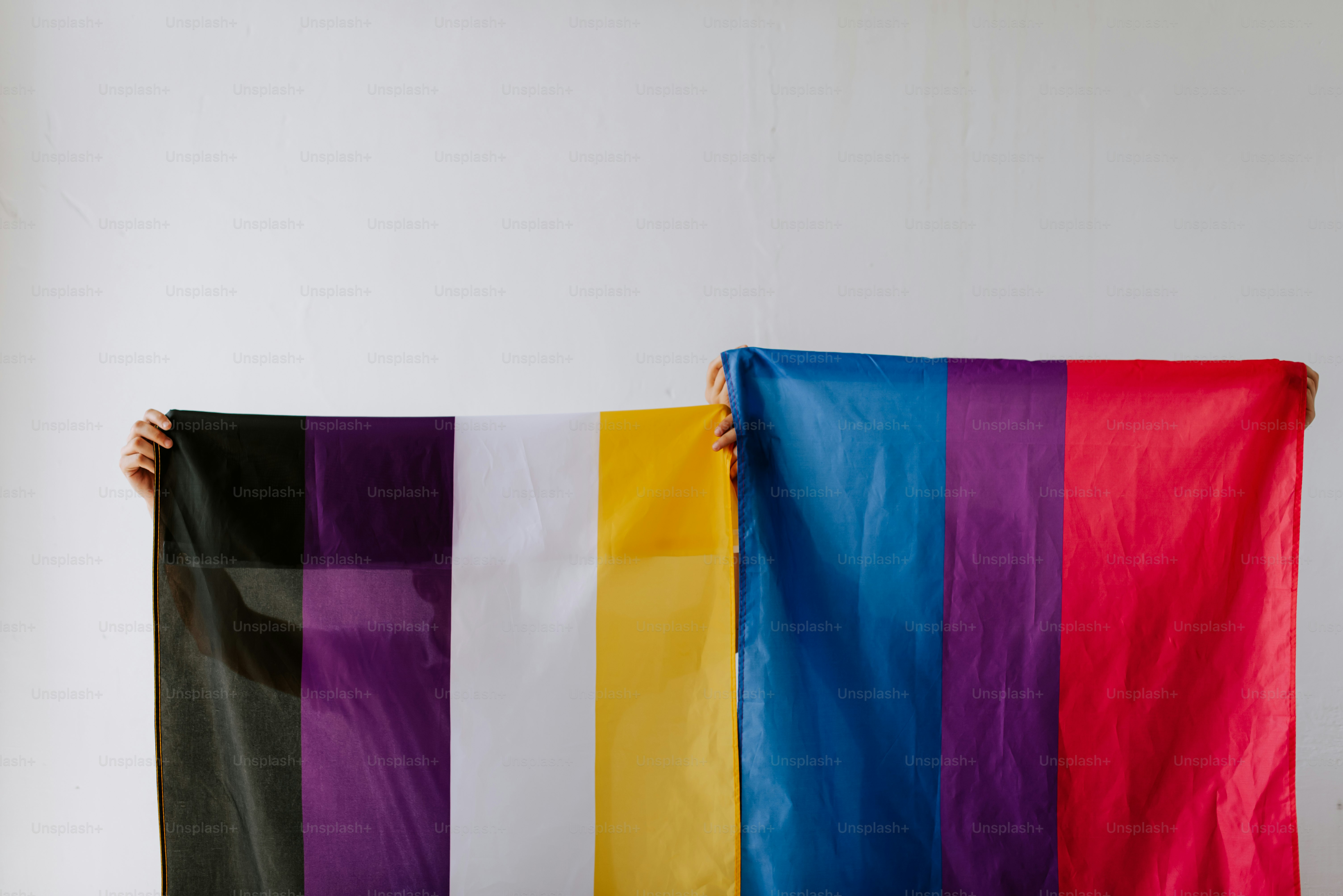 白い壁の前で虹色の旗を掲げる人