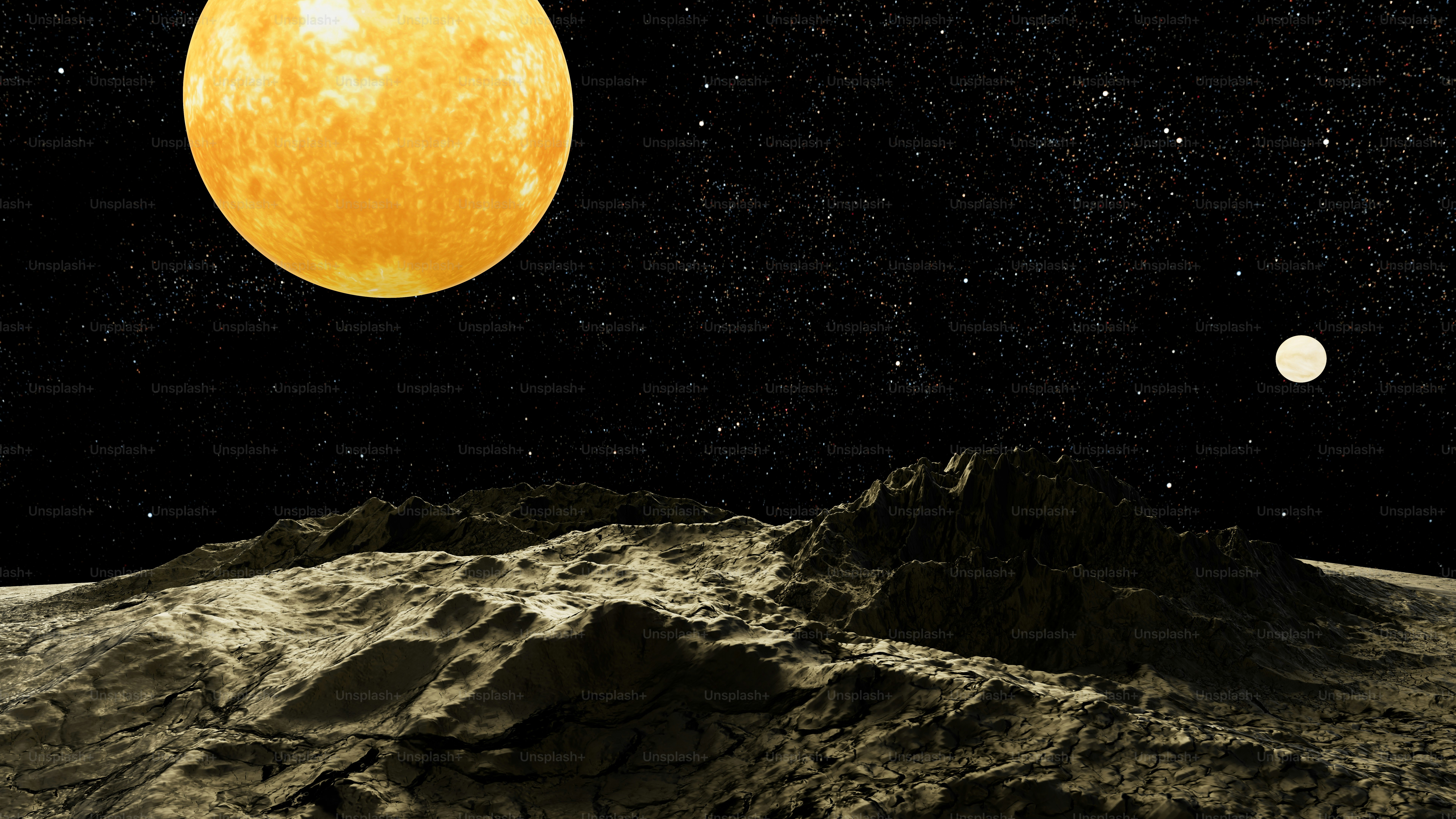 An artist's rendering of a yellow moon above a rocky surface