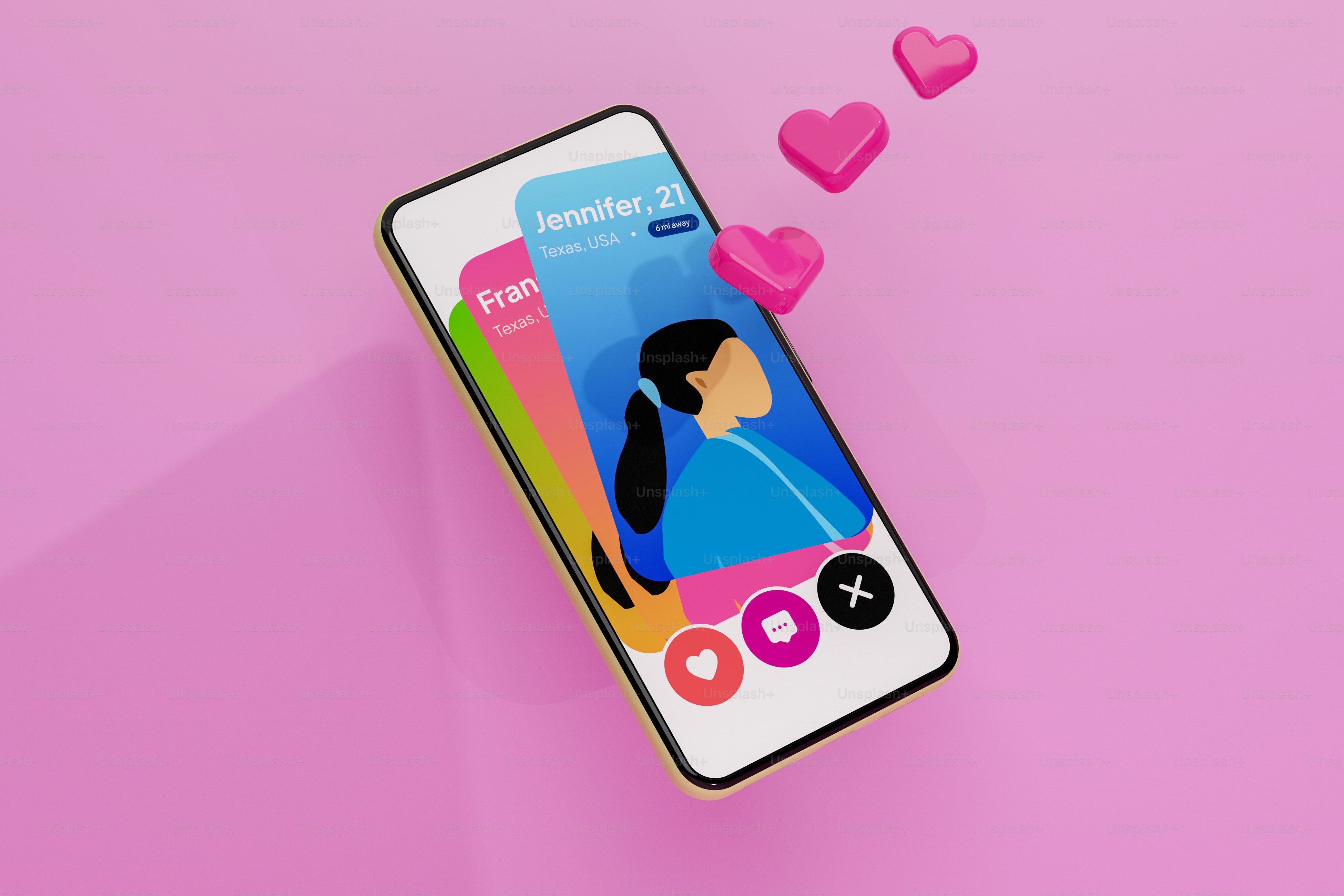 A cell phone with hearts floating out of it