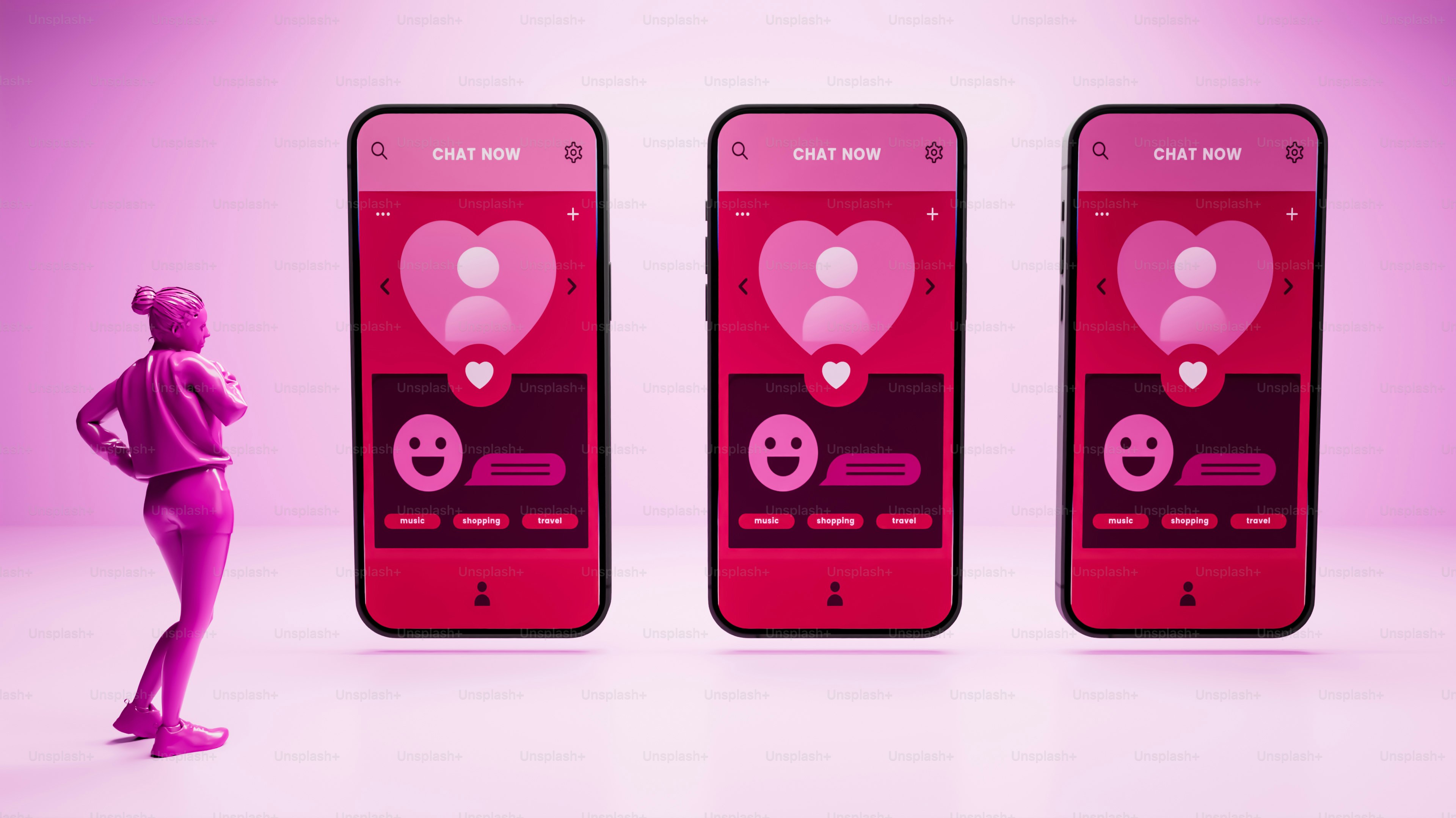 A woman standing in front of three cell phones